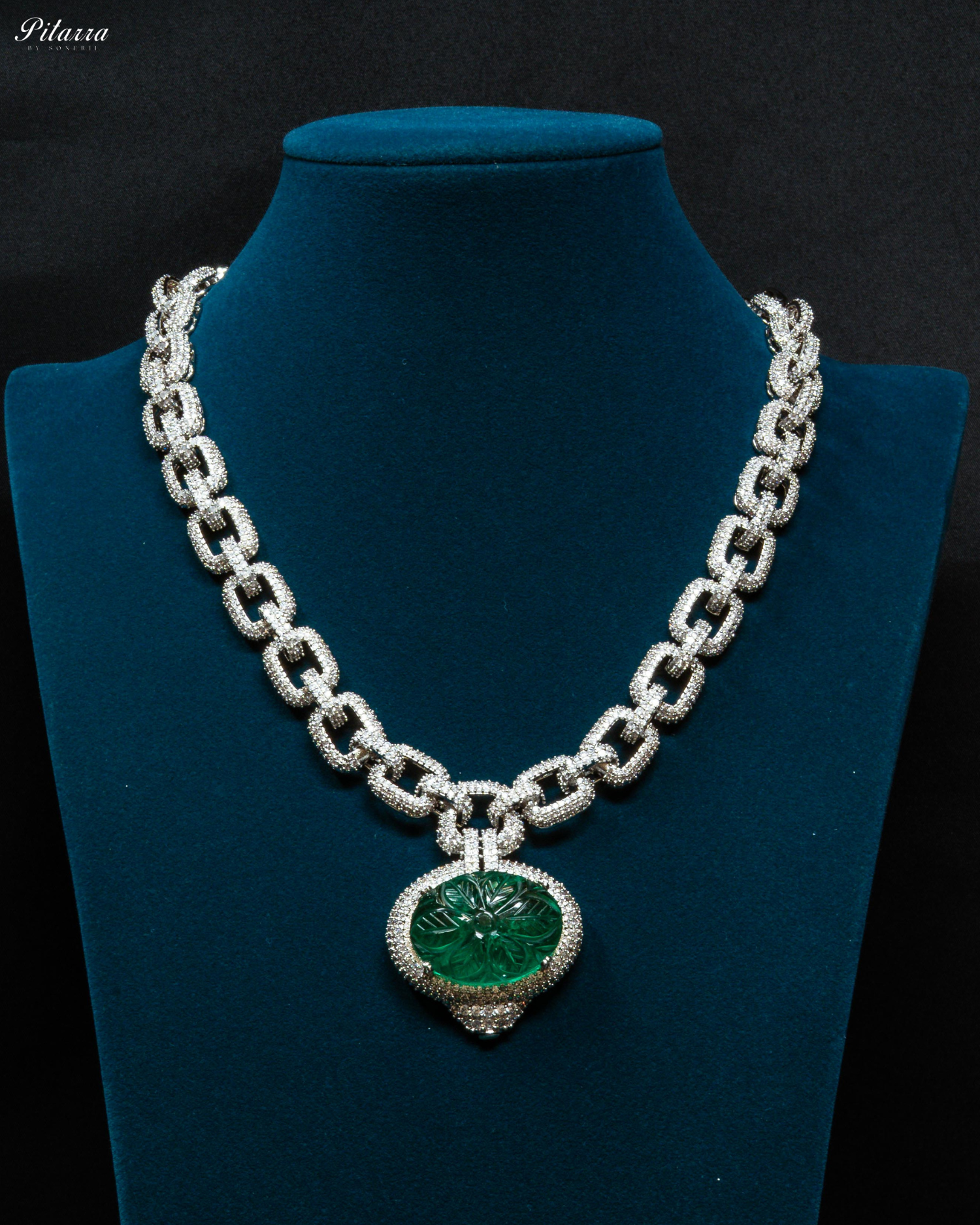 Emerald Stone CZ Silver Crystal Necklace Set