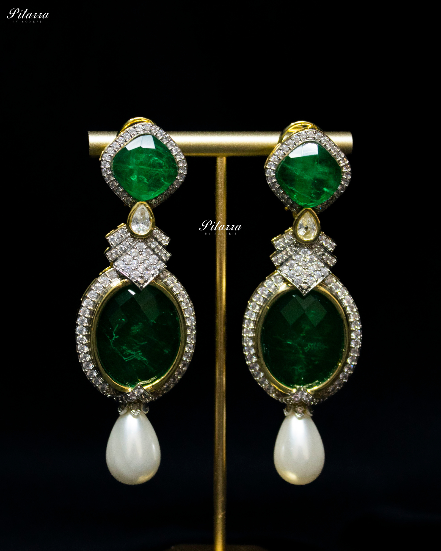 Emerald Pearl Stone Silver CZ Dangler Earrings