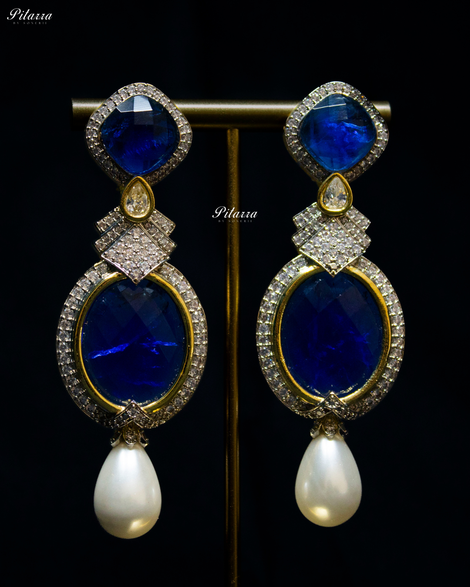 Blue Pearl Stone Silver CZ Dangler Earrings