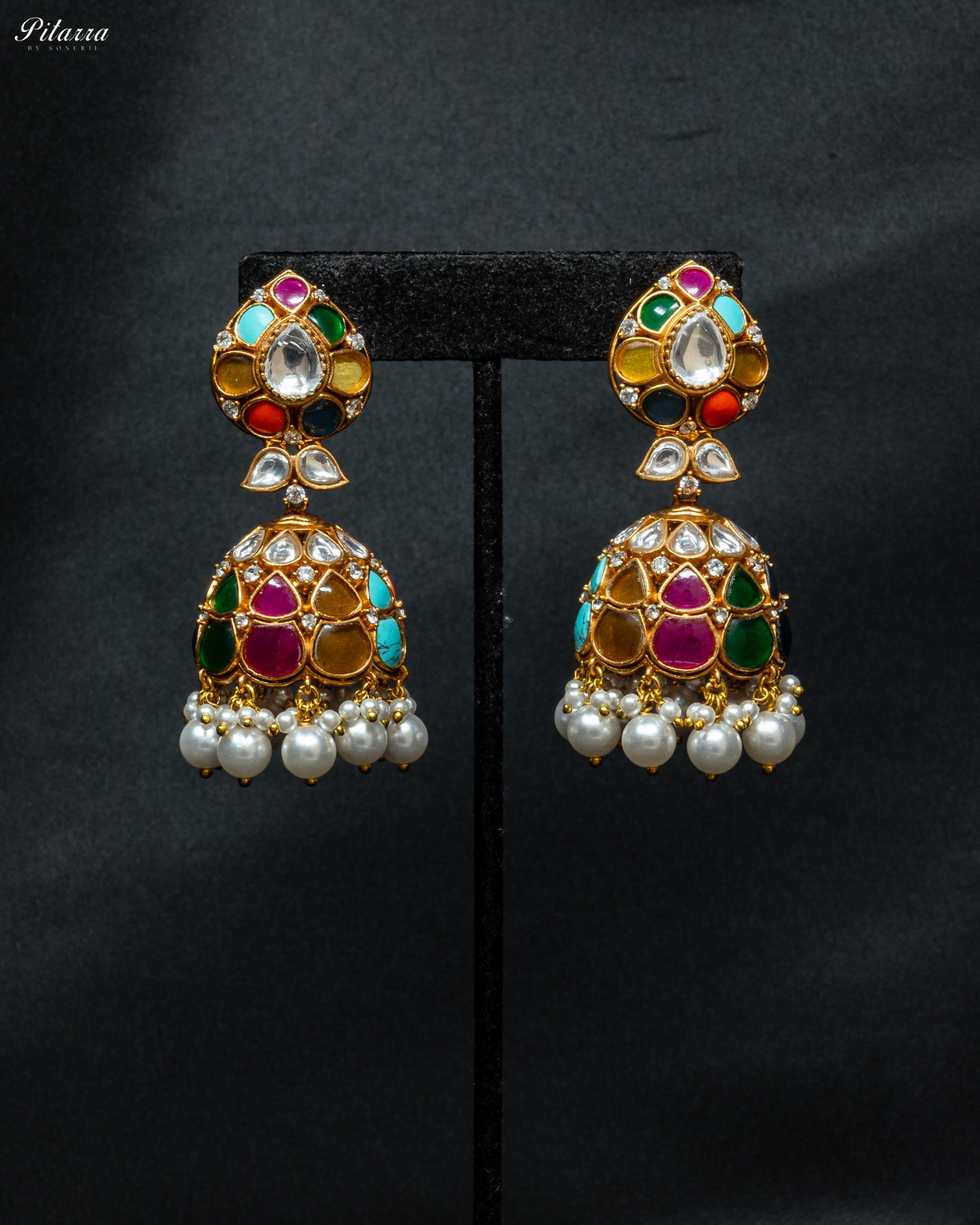 Multicolor Stone Moissanite Kundan Jhumkas
