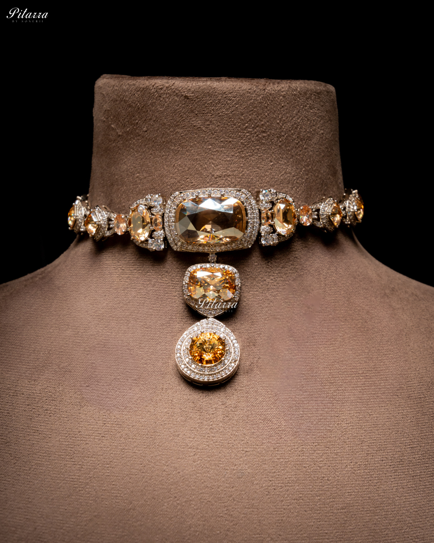 Yellow Three Stone Crystal Choker Set