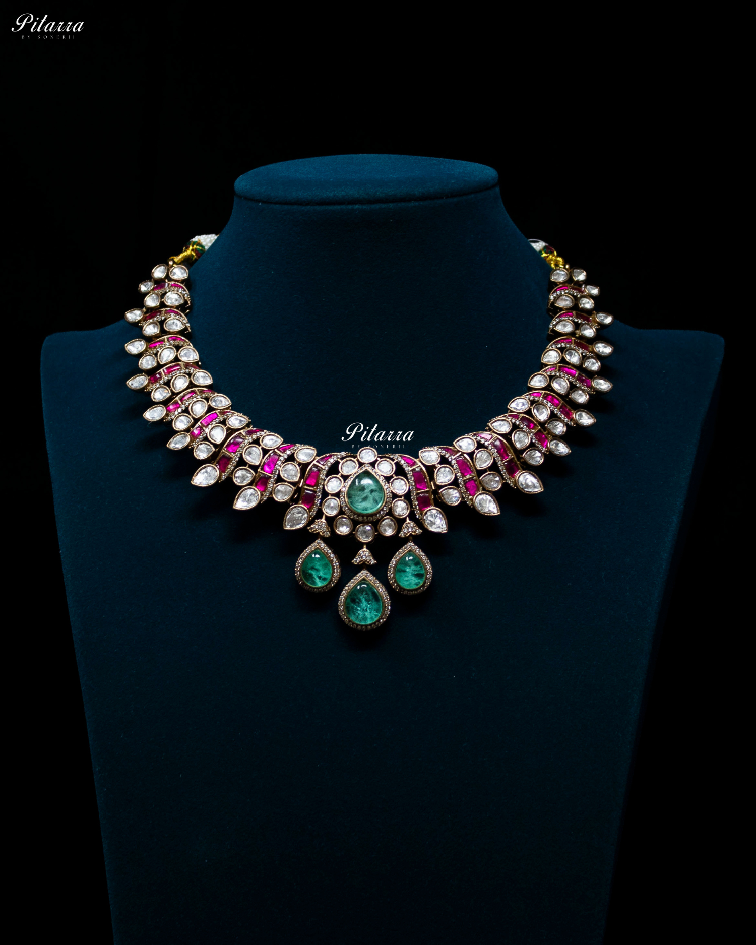 Green Drop Pink Line Victorian Polki Kundan Necklace Set