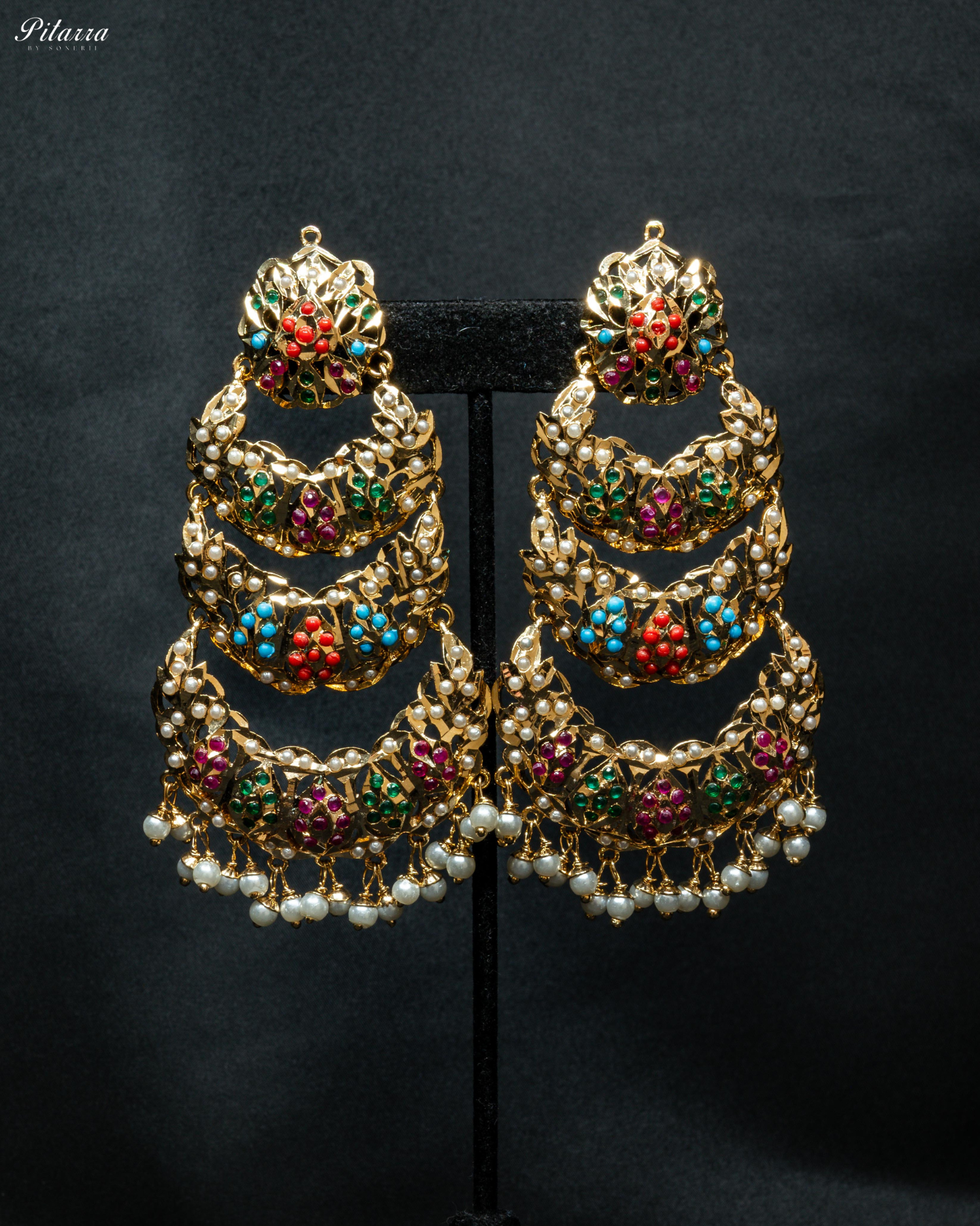 Multicolor Stones Triple Layered Jadau Chandbali Earrings