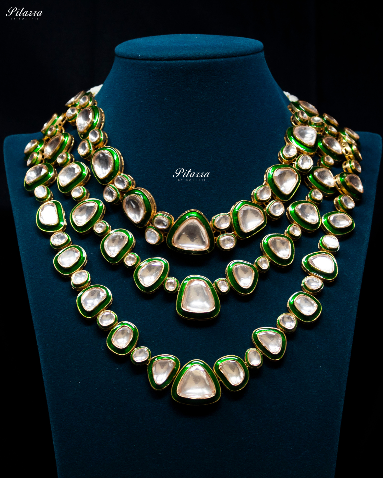 Three Layer Kundan with Green Enamel Necklace Set