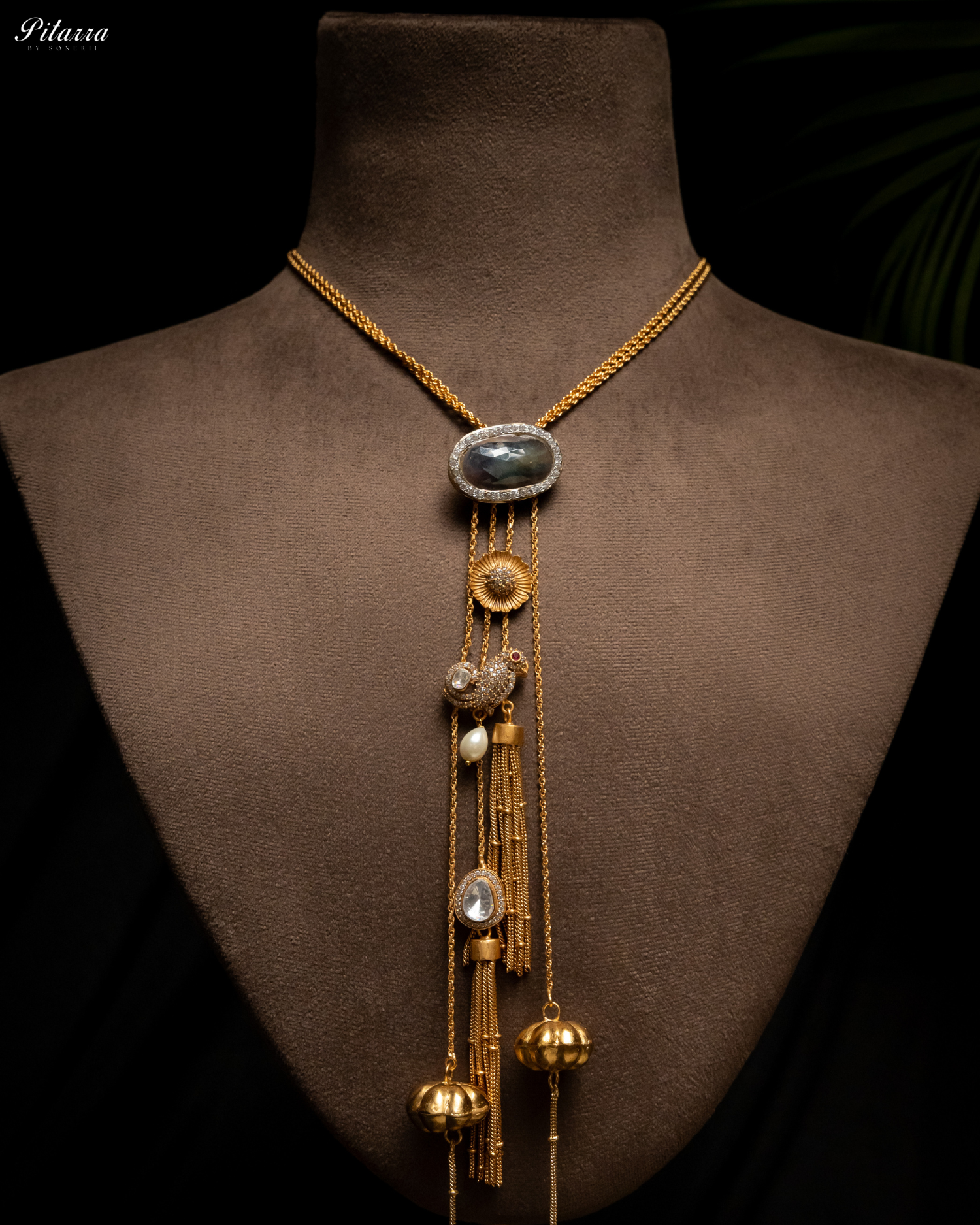 Gold Tone Chain Blue Stone Necklace Set