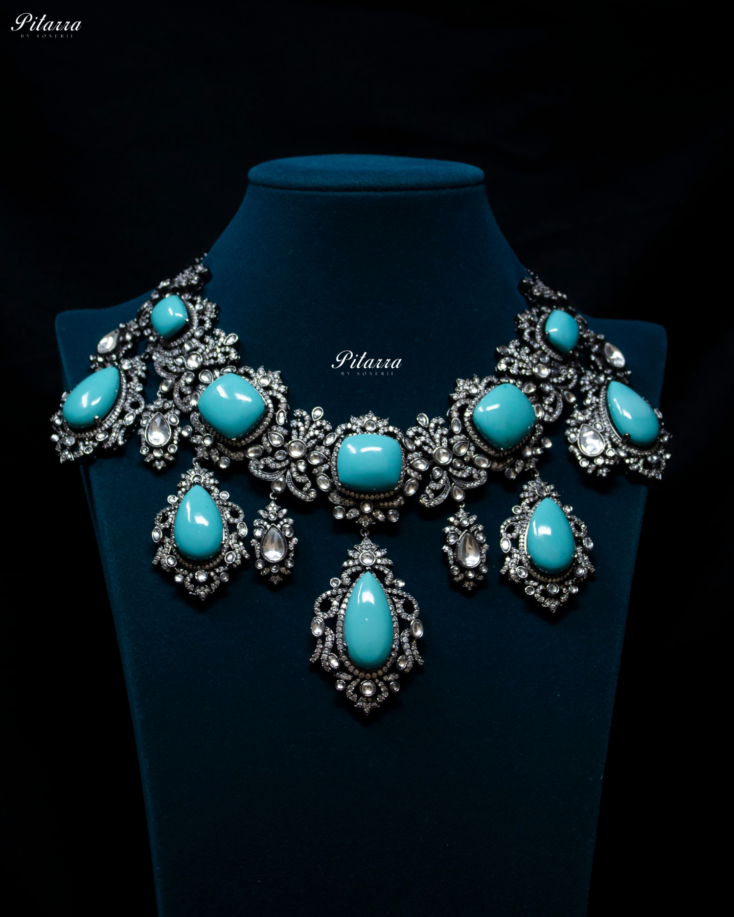 Turquoise Blue Stone Victorian Kundan Necklace Set