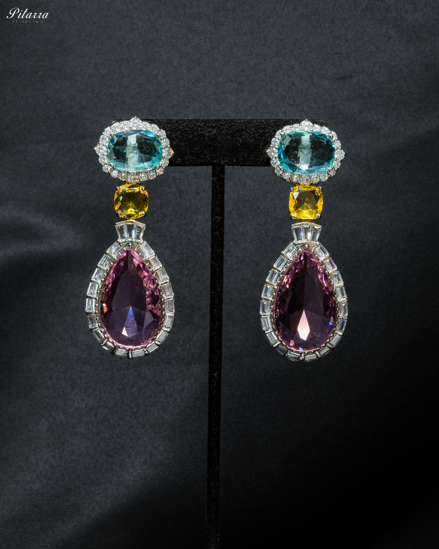Silver Finish Pink Drop Zircon Earrings
