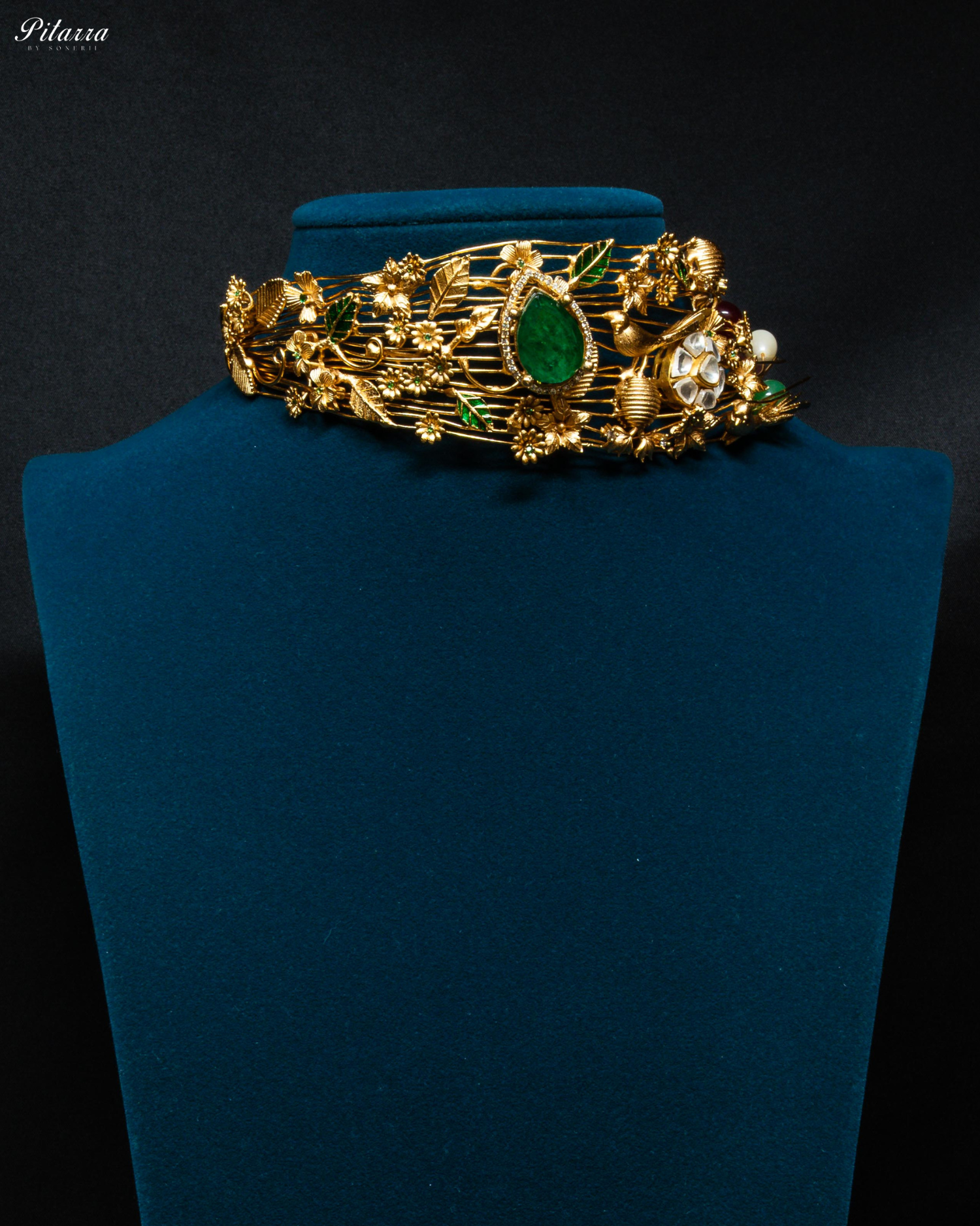 Golden Leaf With Green Crystal Stone Choker Set