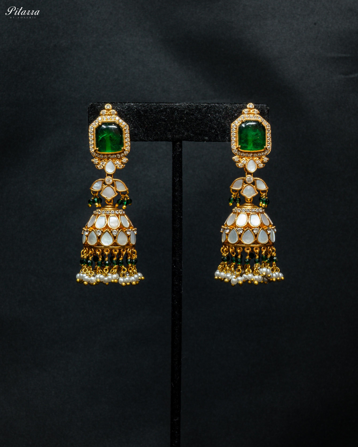 Gold Plated Emerald Kundan Jhumka Earrings