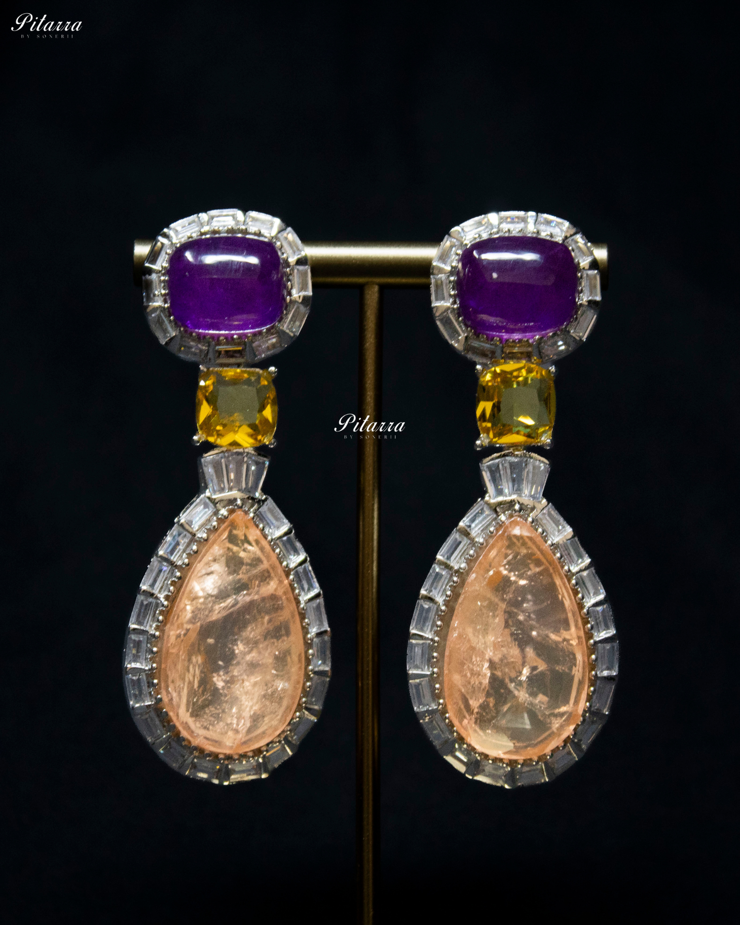 Silver Finish Peach Drop Zircon Earrings