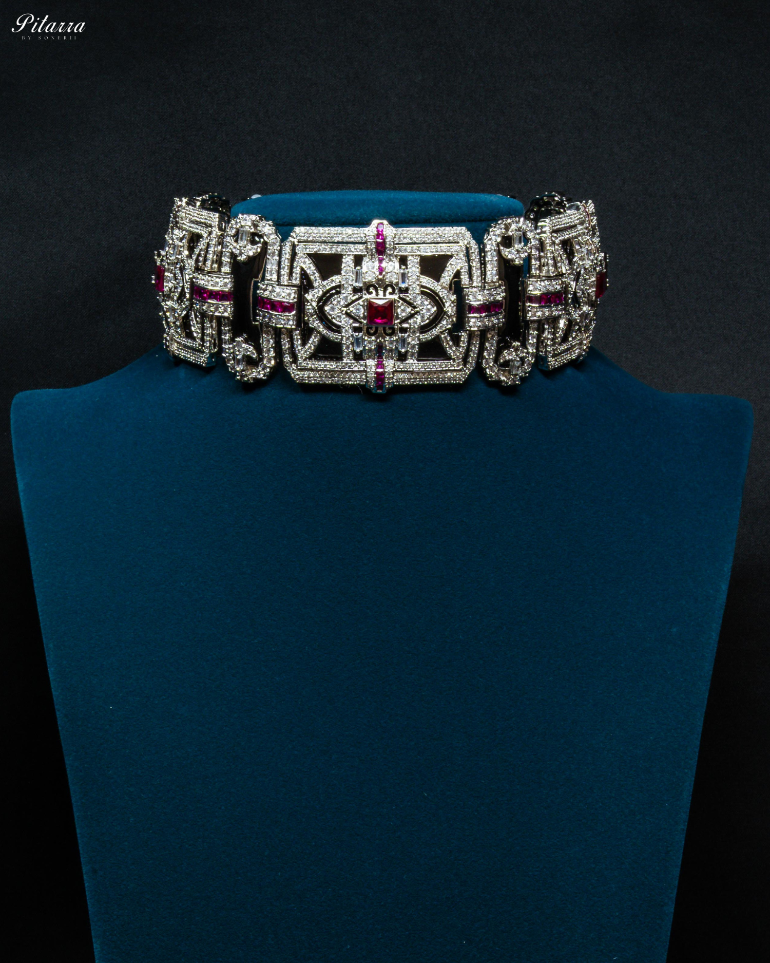 Pink Stone Square Design Silver Choker Necklace