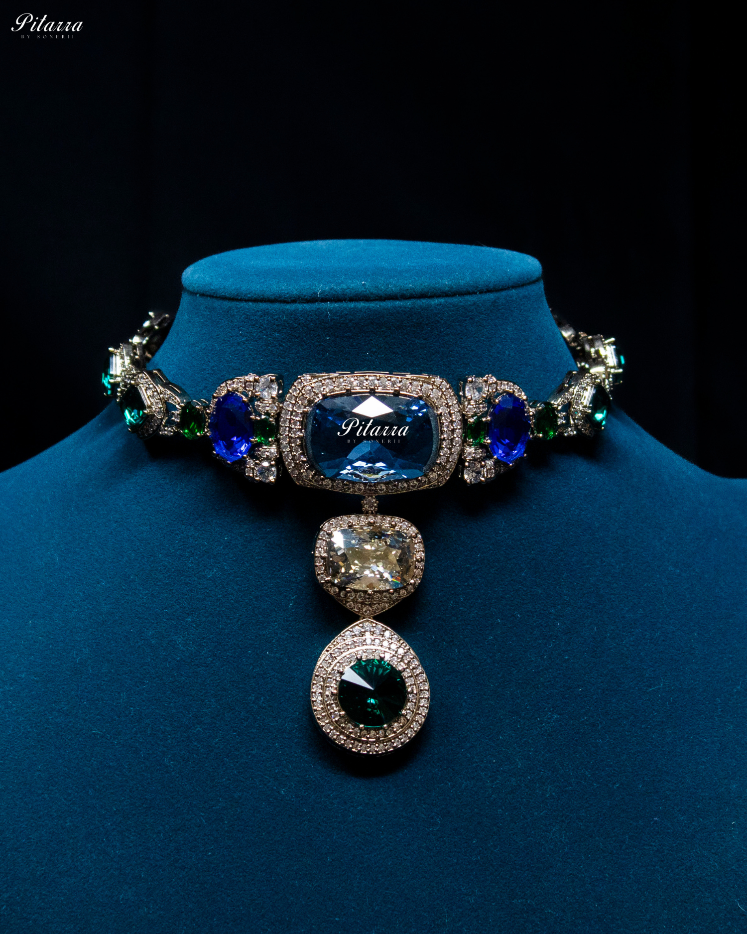 Sapphire Blue and Emerald Three Stone Crystal Choker Set