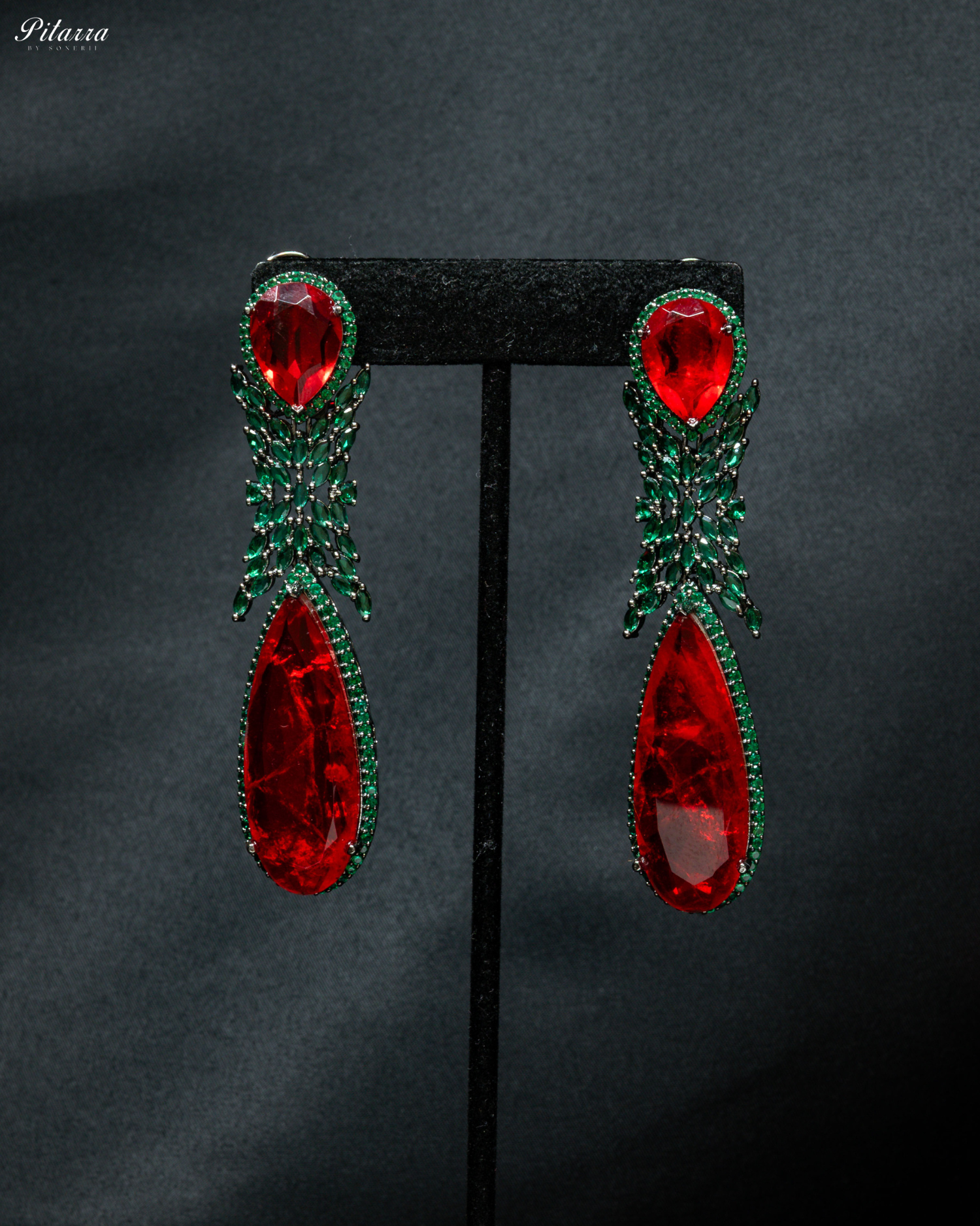 Red Stone Green Finish Contemporary Drop Earrings