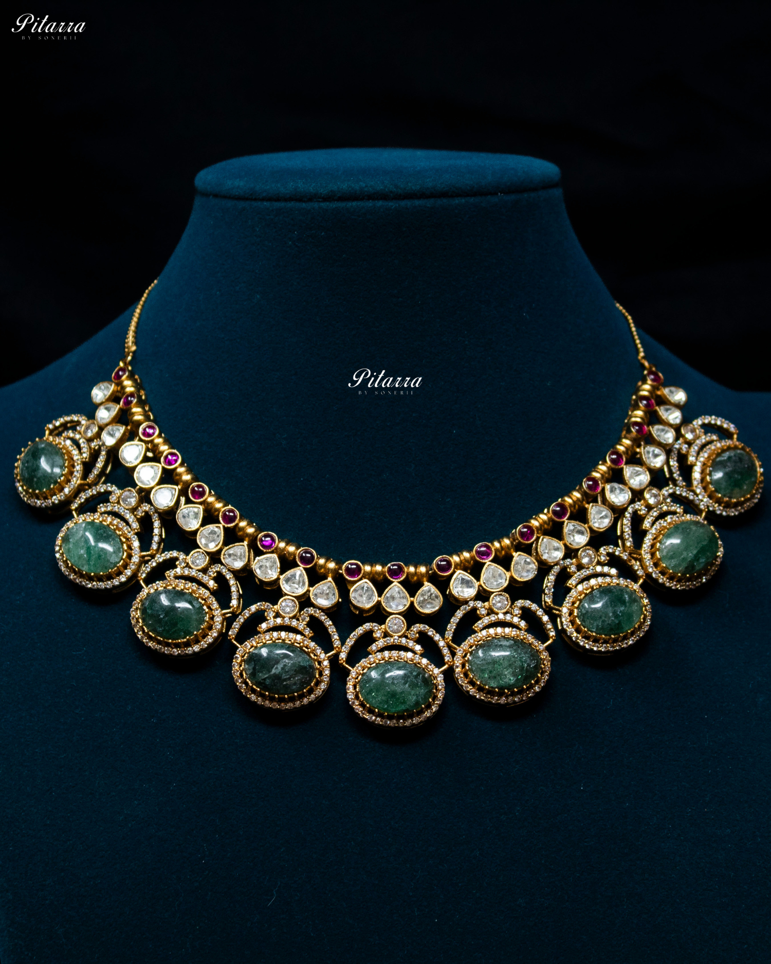 Pitarra Emerald Stones Moissanite Kundan Necklace Set