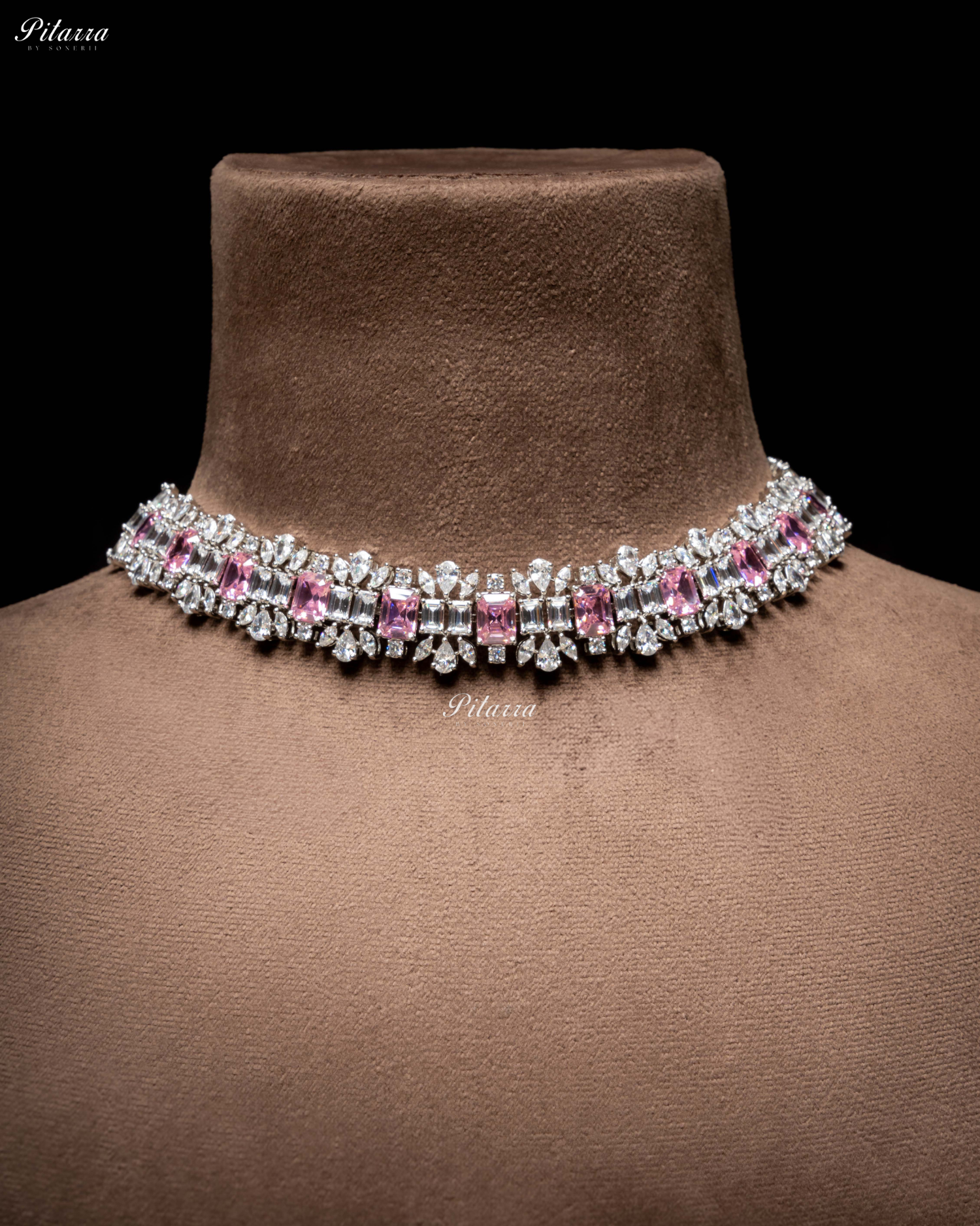 Pink Stone Silver Plated CZ Necklace Set