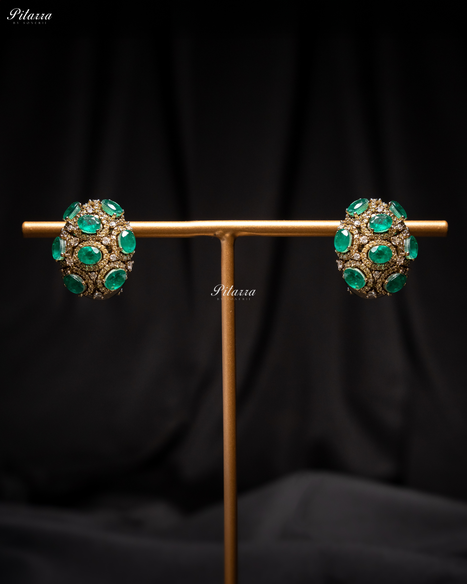 Emerald Stone Golden Crystal Stud Earrings