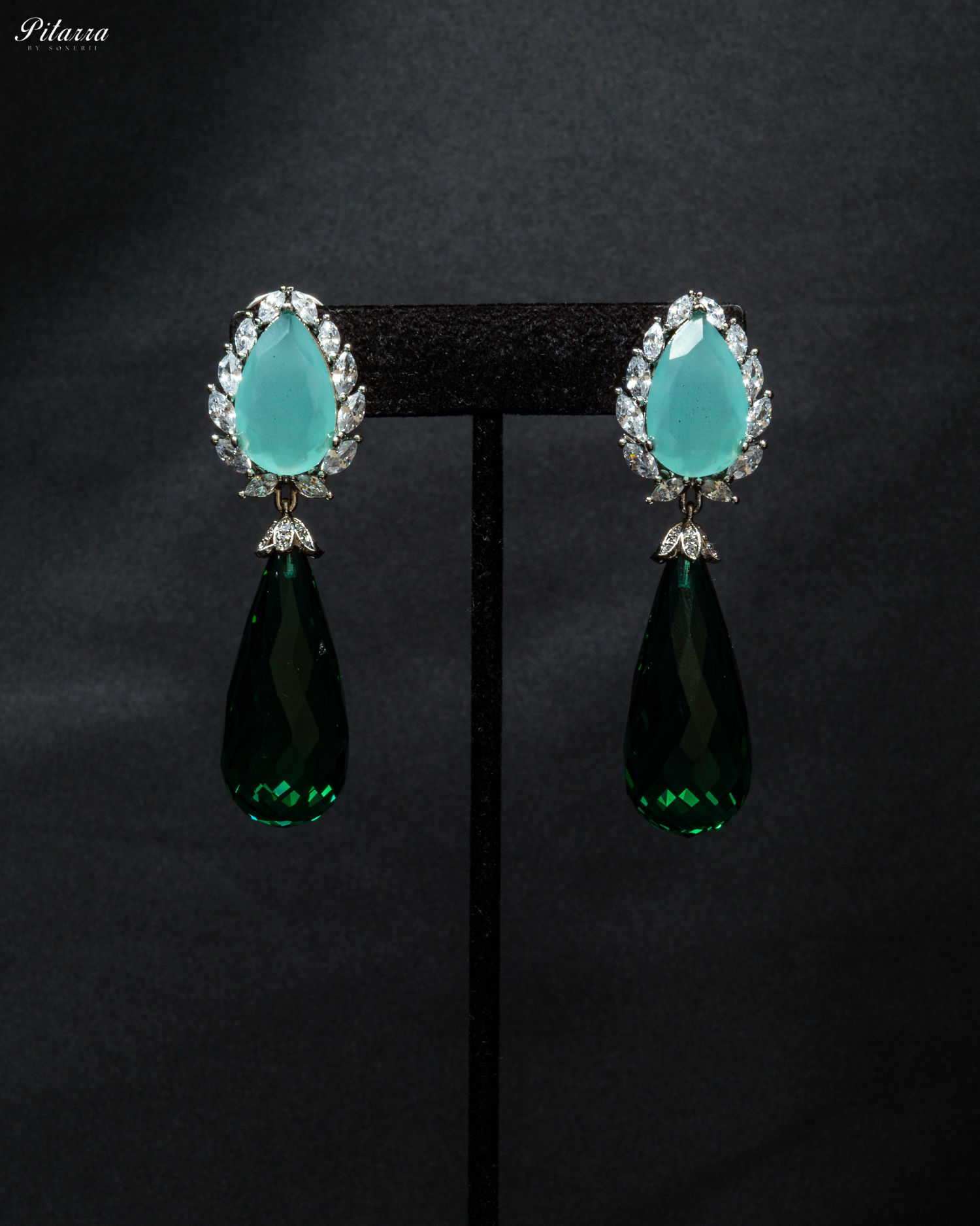 Silver Finish Blue and Green CZ Drop Earrings