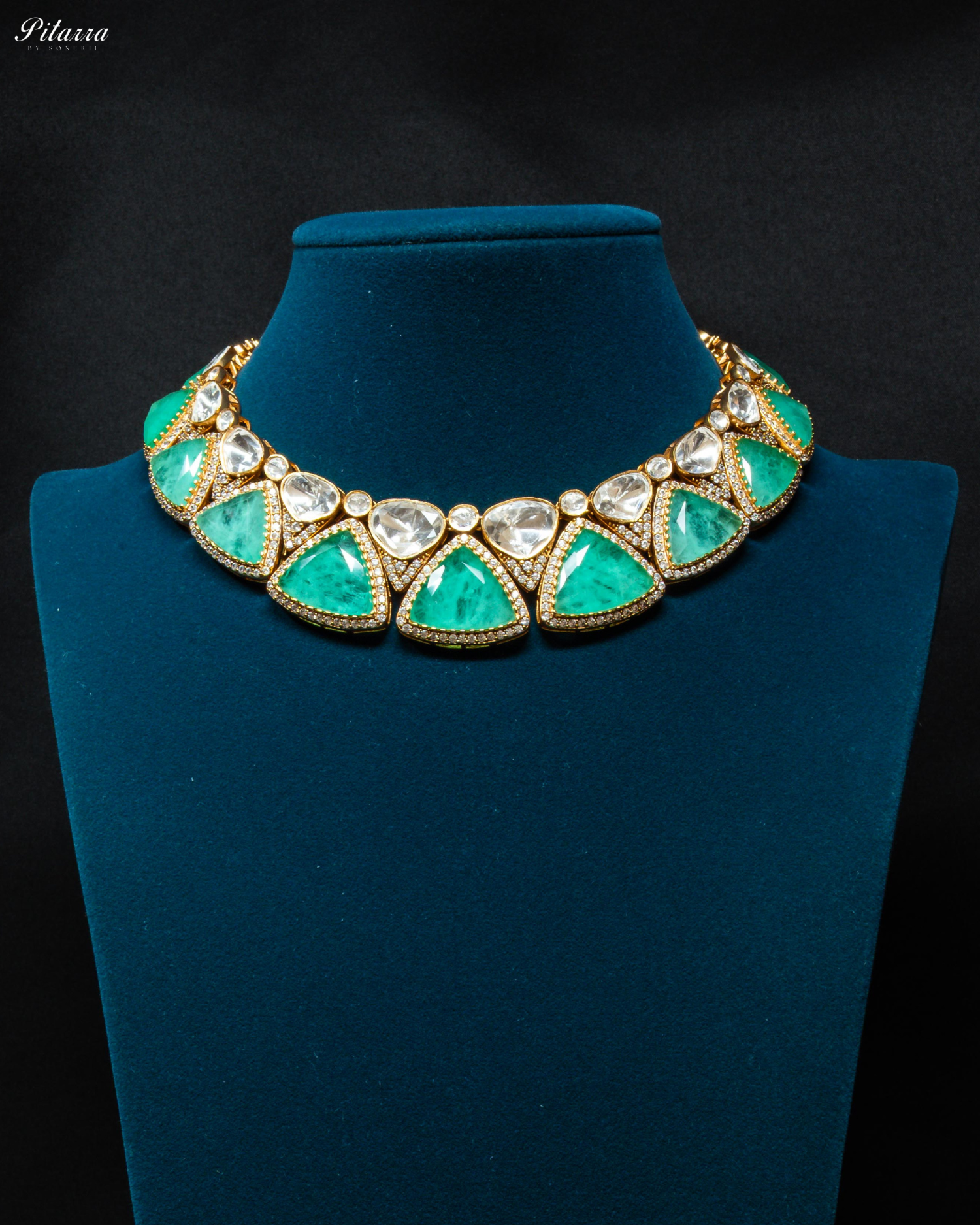 Green Stone Golden Traditional Kundan Necklace Set