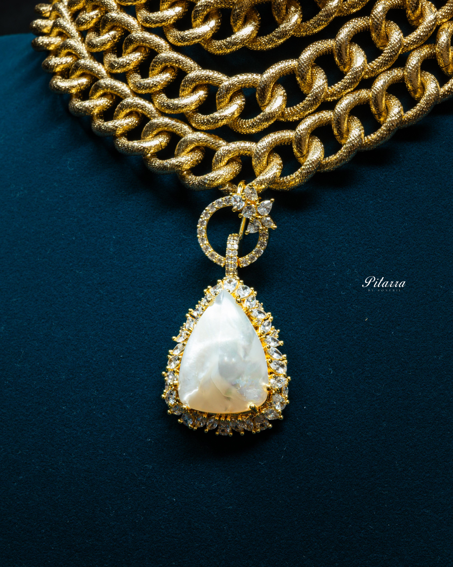 Golden Multilayered White Stone Statement Pendant Chain Choker