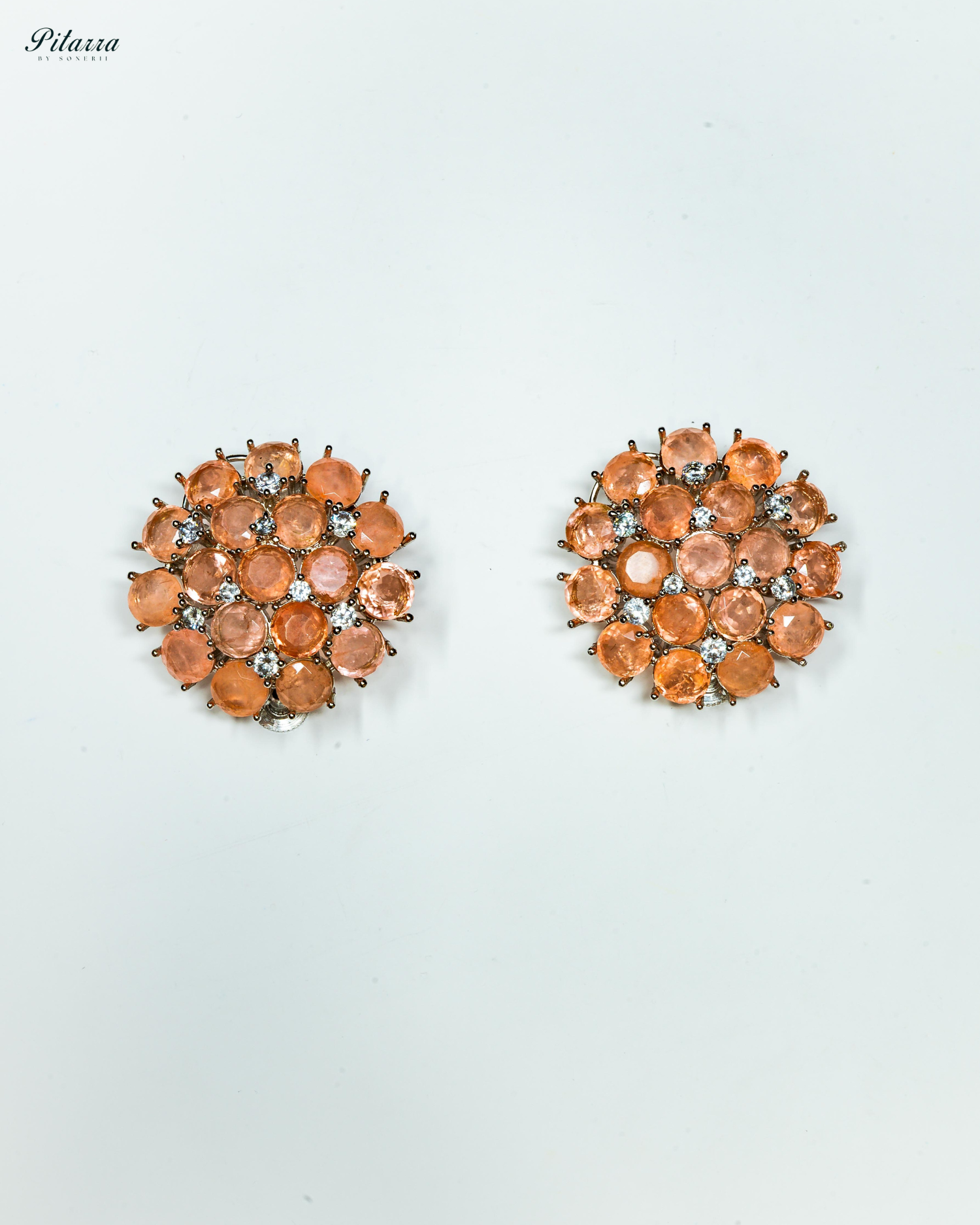Peach Stone Silver Crystal Stud Earrings