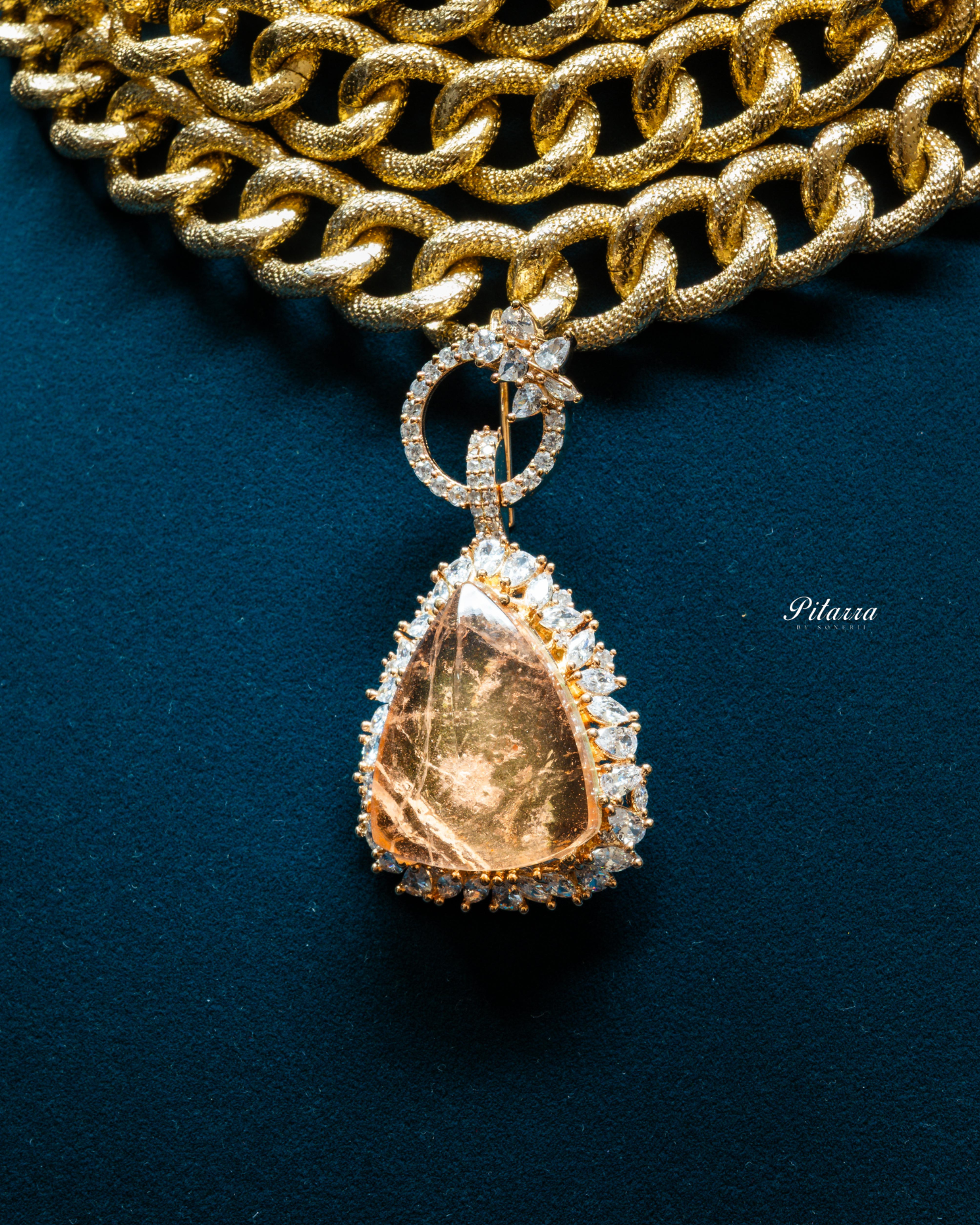 Golden Multilayered Peach Stone Statement Pendant Chain Choker