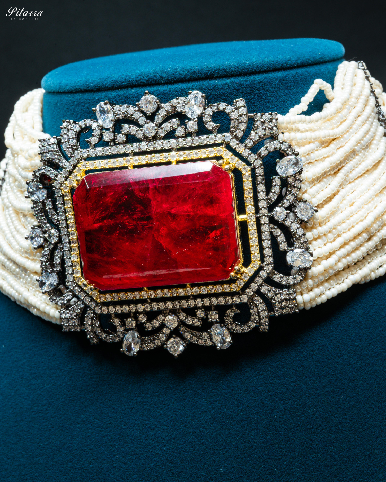 Red Stone Doublet Pearl Choker Set