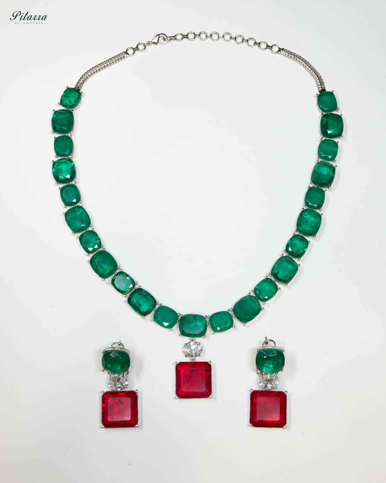 Silver Finish Red Square Crystal Necklace Set