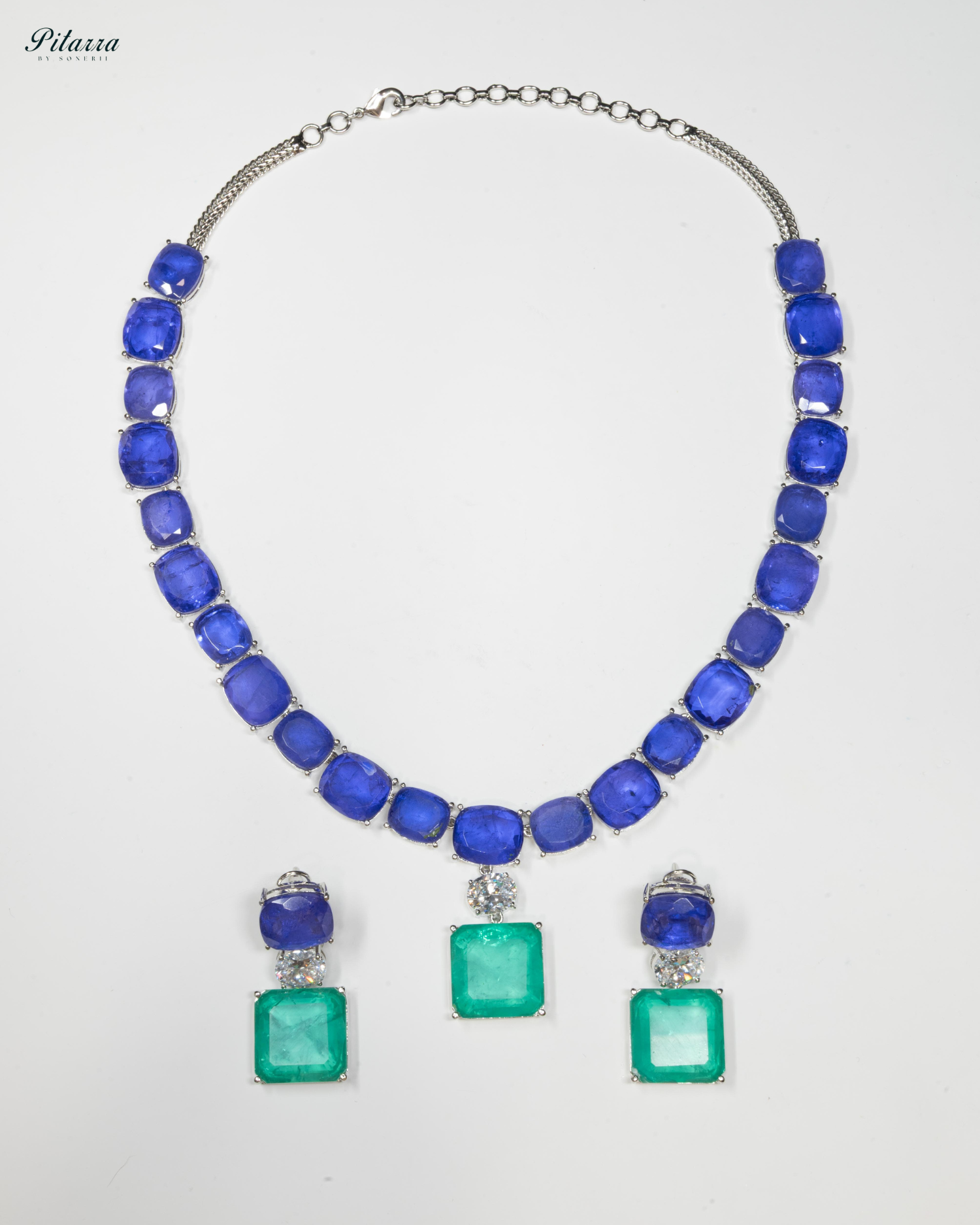 Silver Finish Green Square Crystal Necklace Set