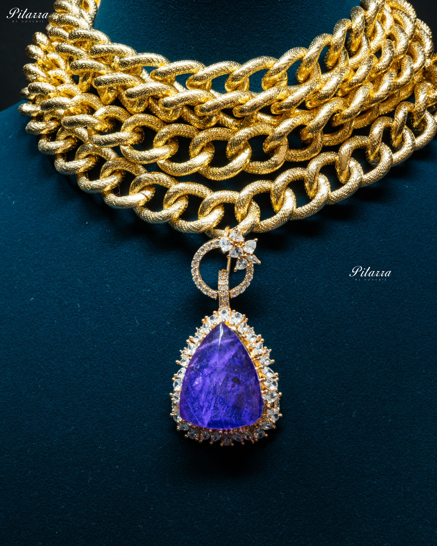Golden Multilayered Blue Stone Statement Pendant Chain Choker