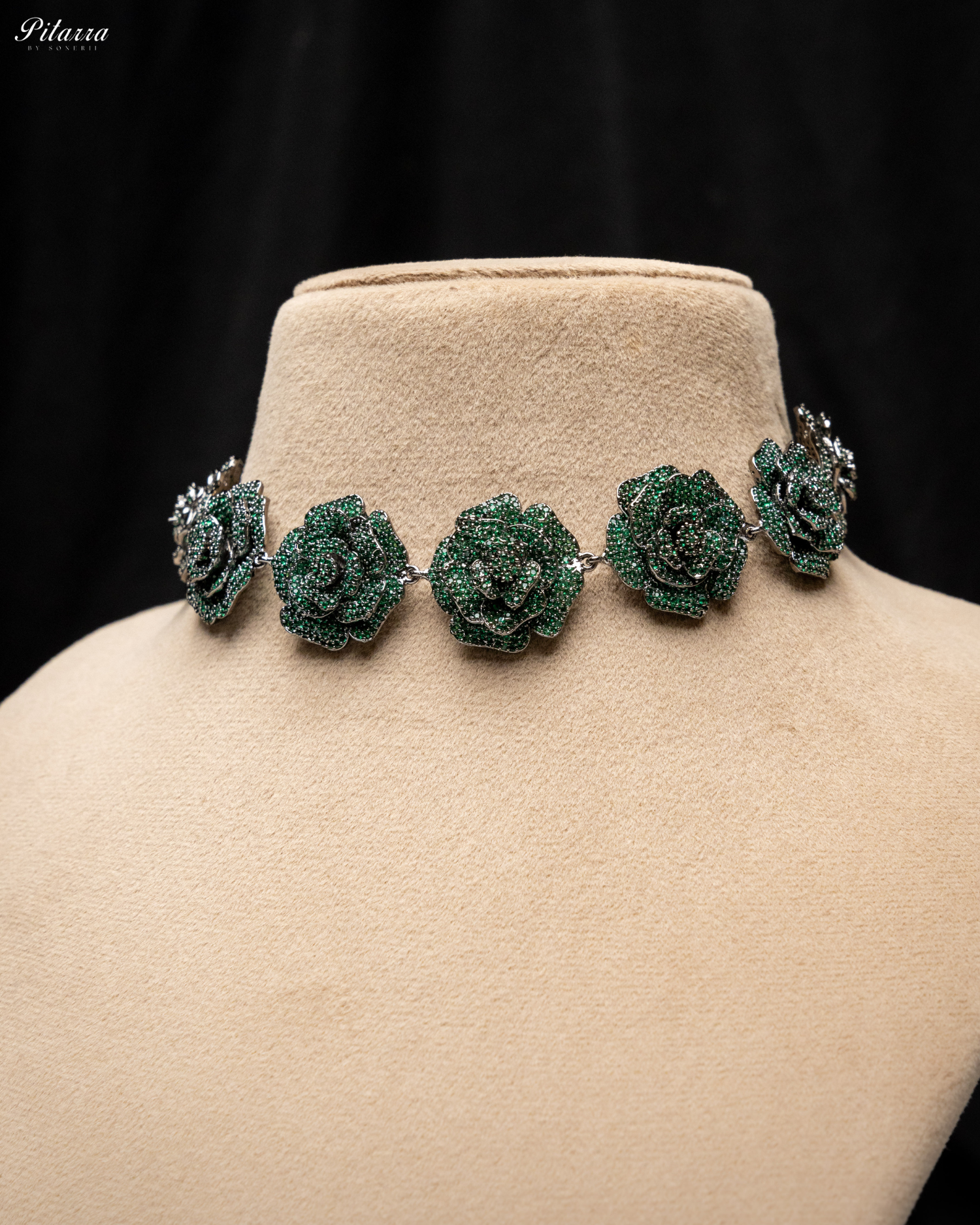 Green Tone Flower CZ Choker Set with Ring