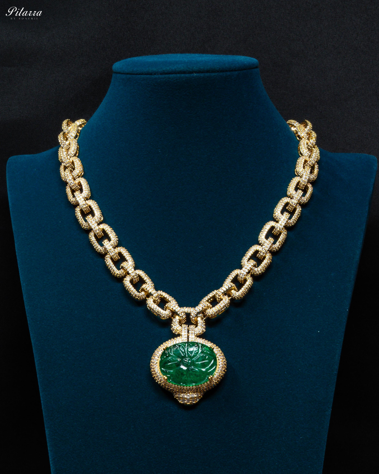 Emerald Stone CZ Golden Crystal Necklace Set