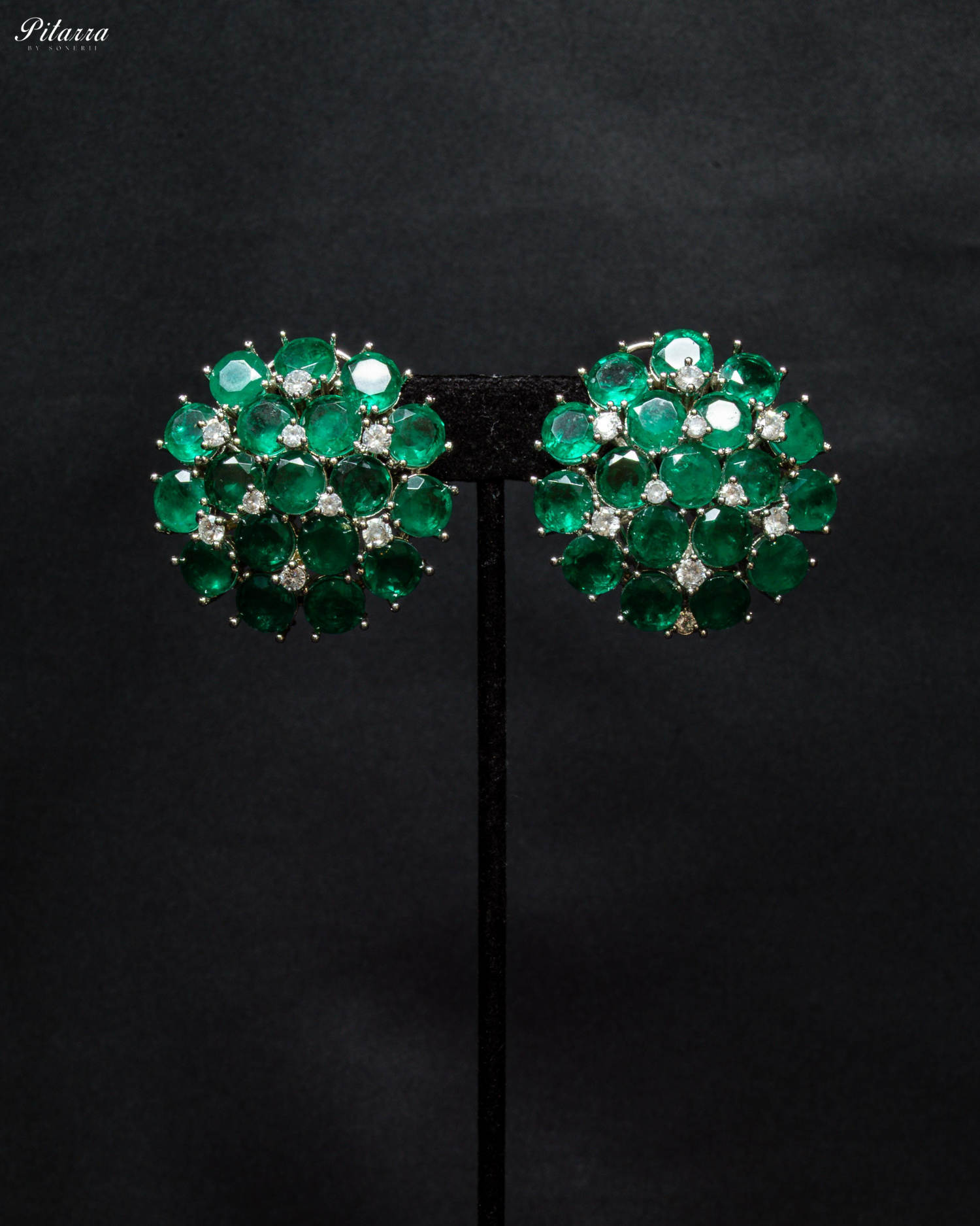 Emerald Stone Silver Crystal Stud Earrings