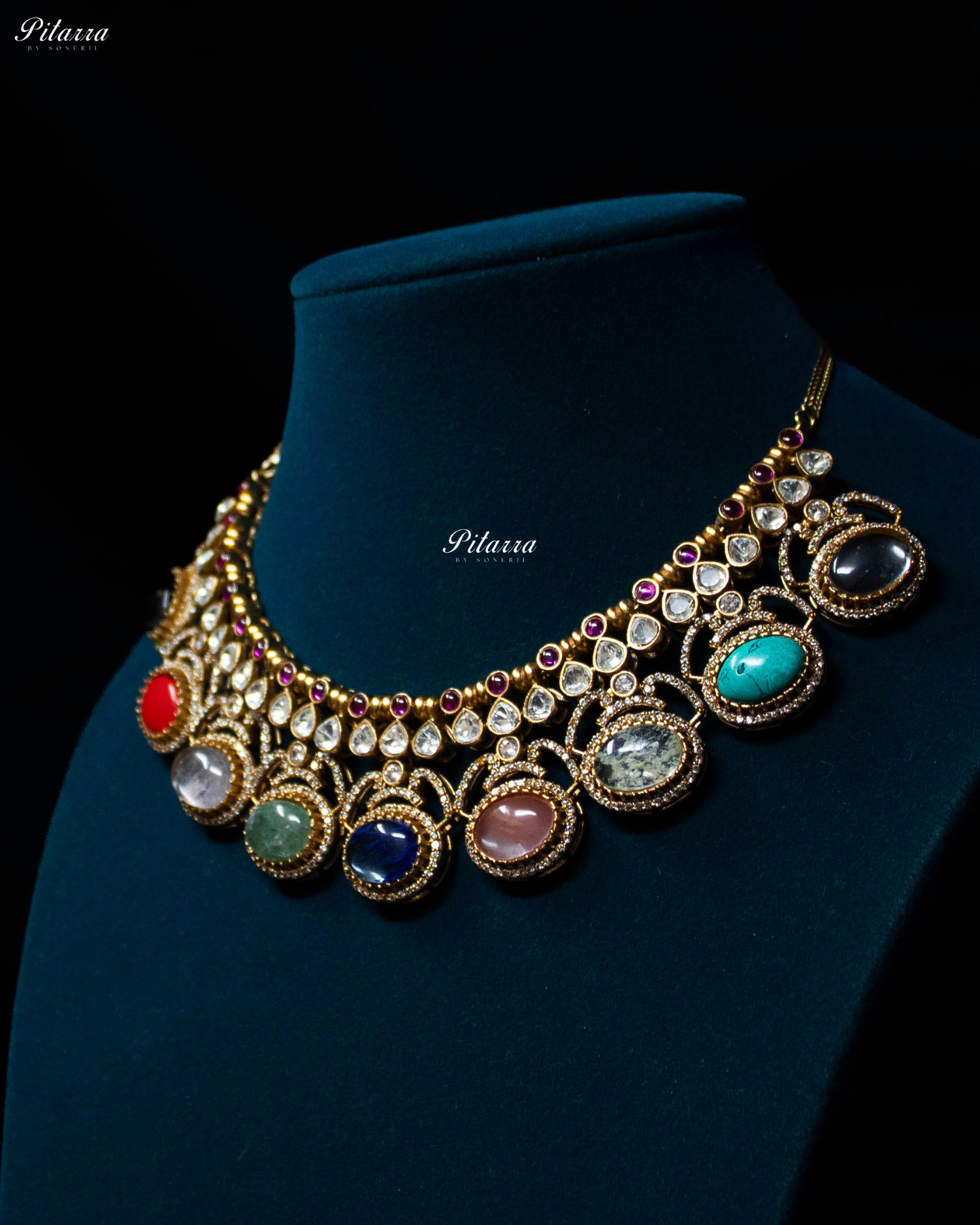 Pitarra Multi Stones Moissanite Kundan Necklace Set