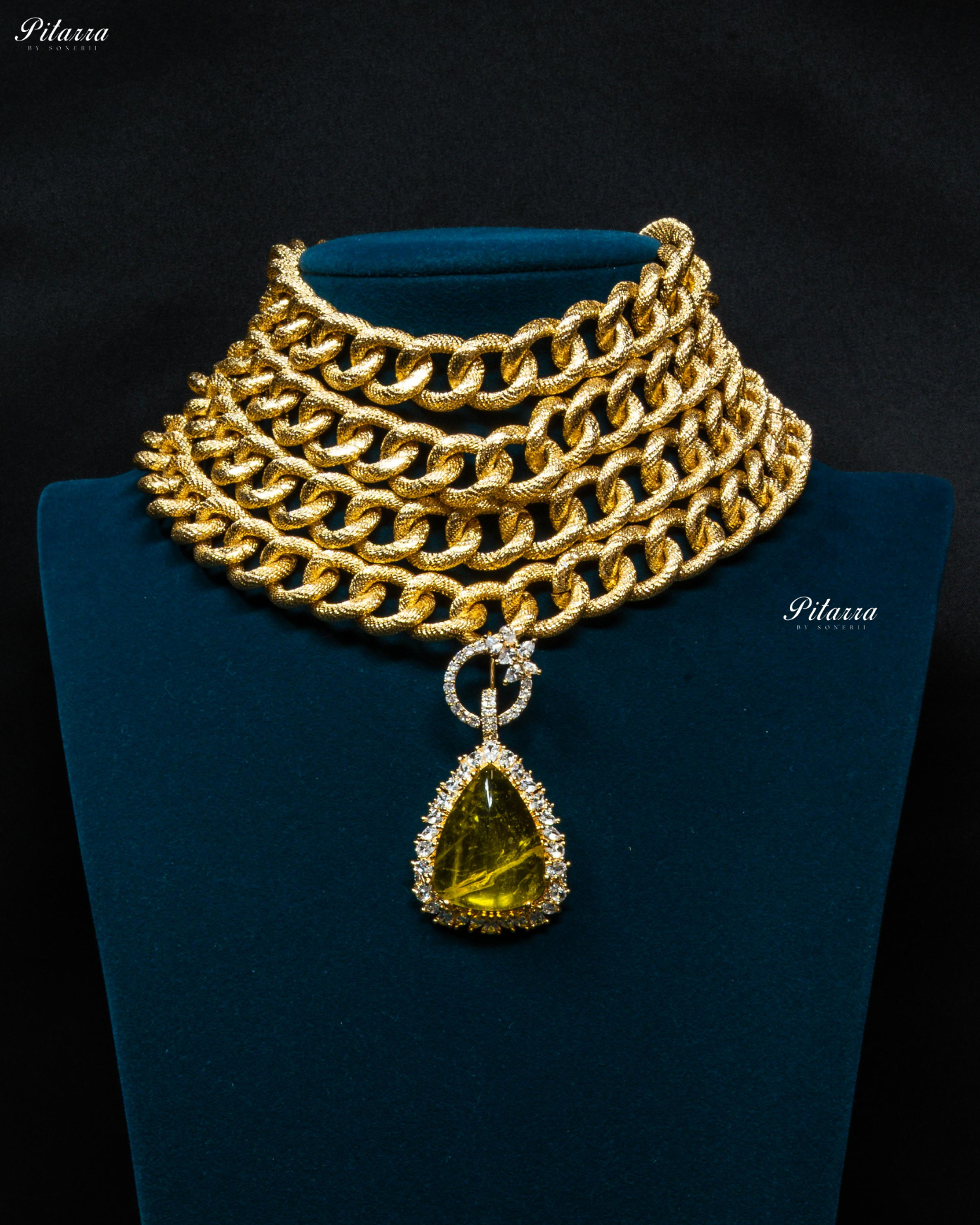 Golden Multilayered Yellow Stone Statement Pendant Chain Choker