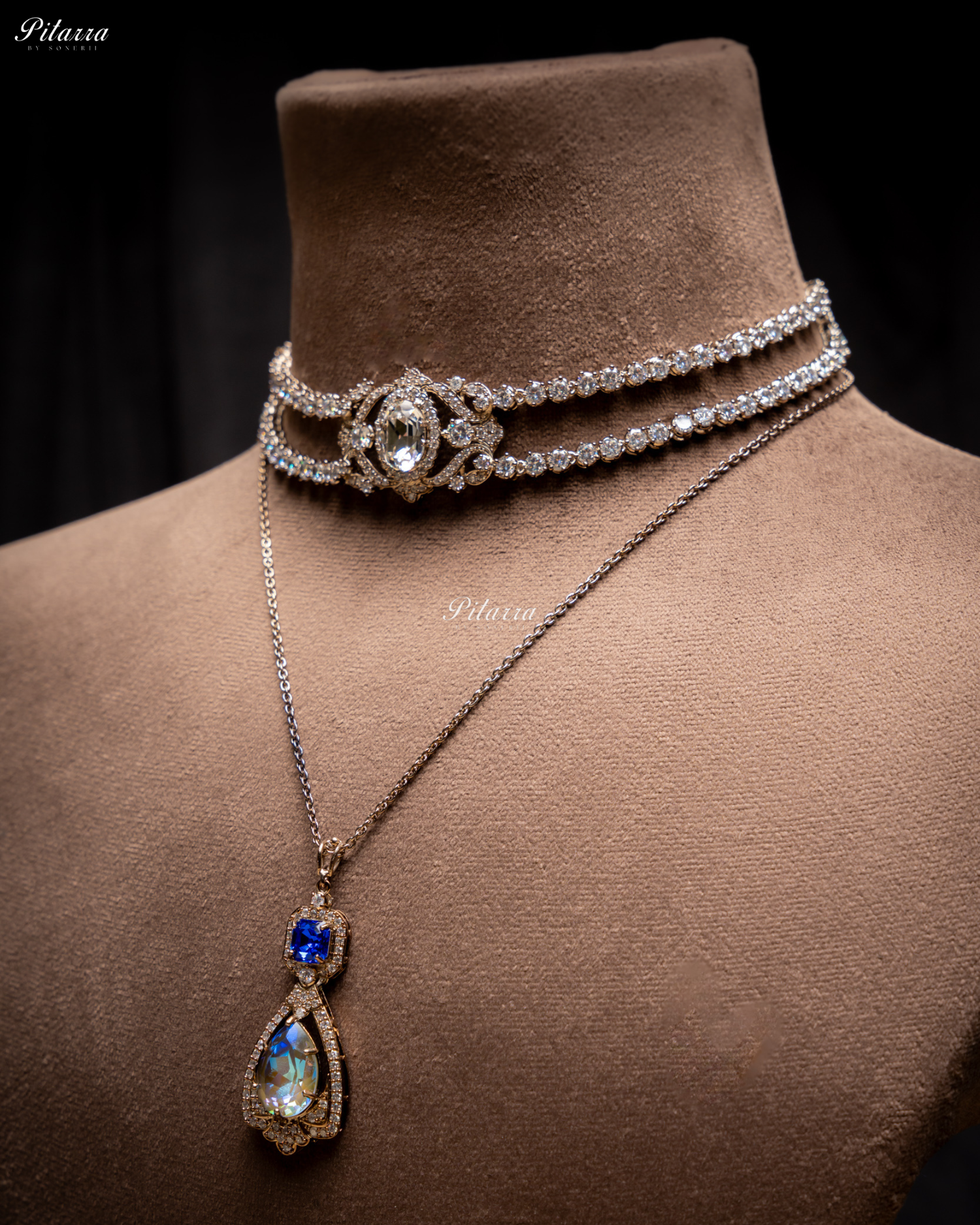 Navy Blue Stone Layered Zircon Necklace Set