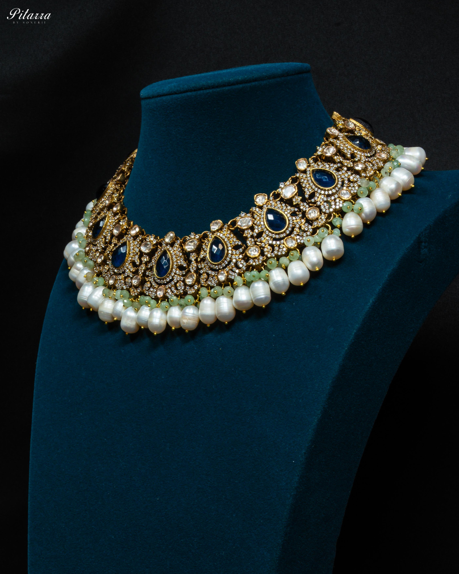 White Pearl Blue Stone Pitarra Kundan Necklace