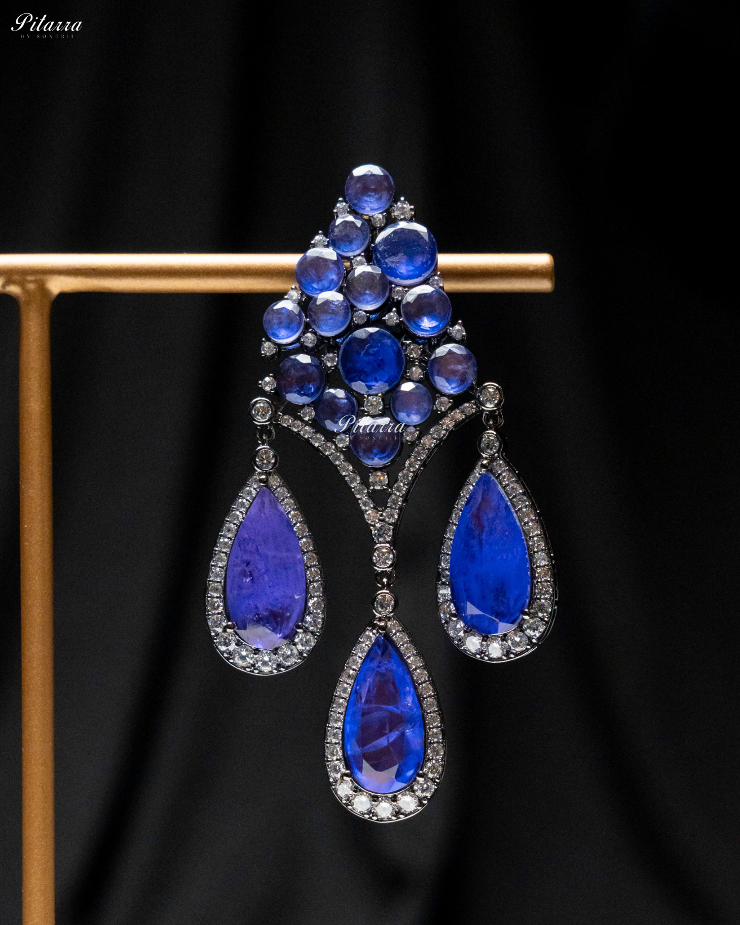 Blue Stone Three Teardrop CZ Crystal Dangler Earrings