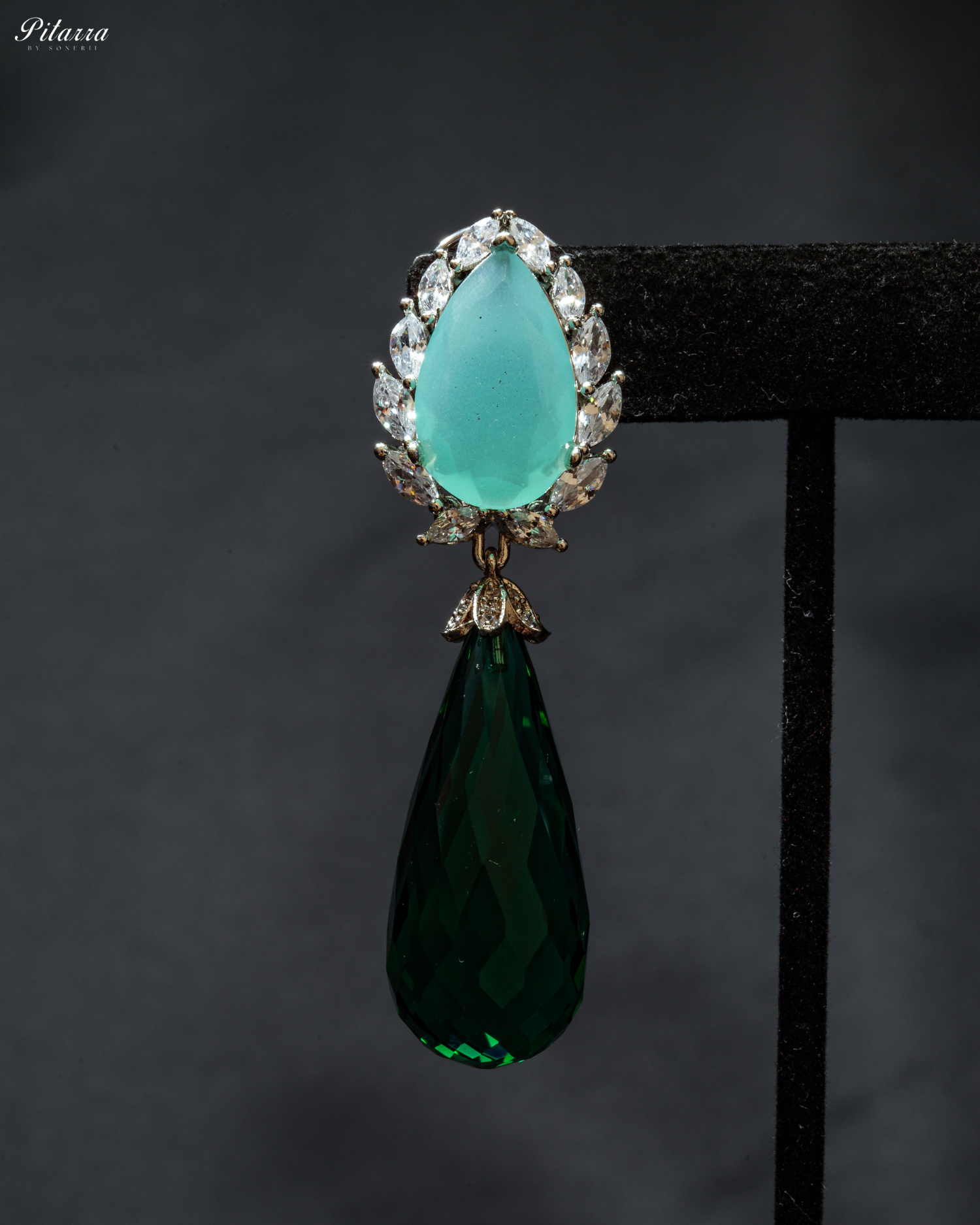 Silver Finish Blue and Green CZ Drop Earrings