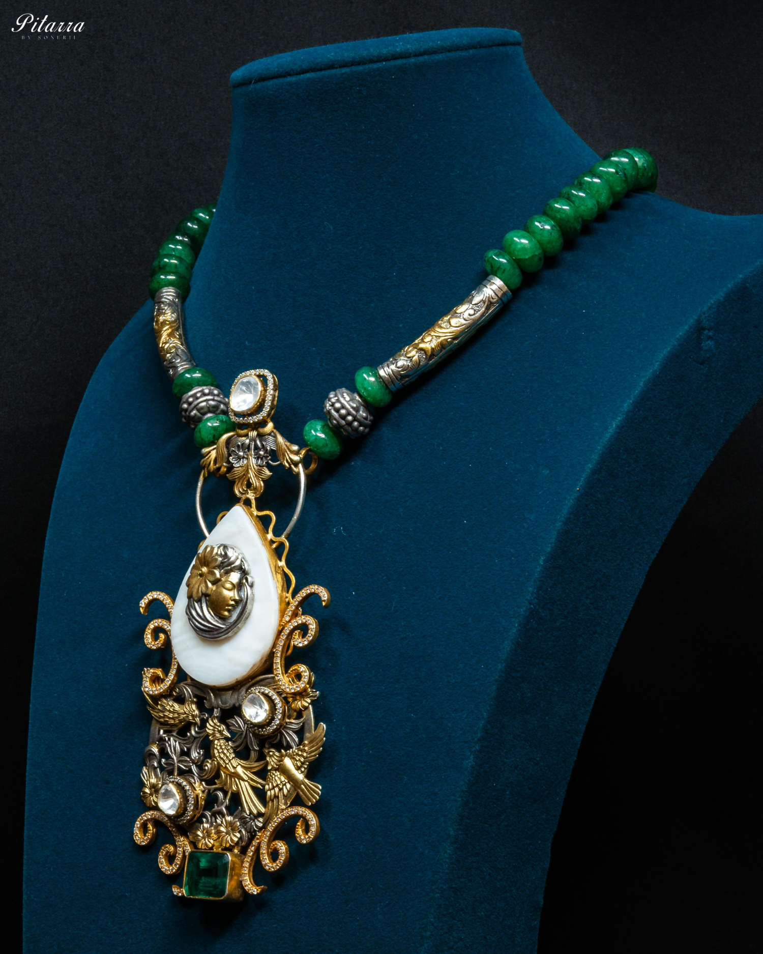 Green Stone Long 92.5 Silver Necklace Set
