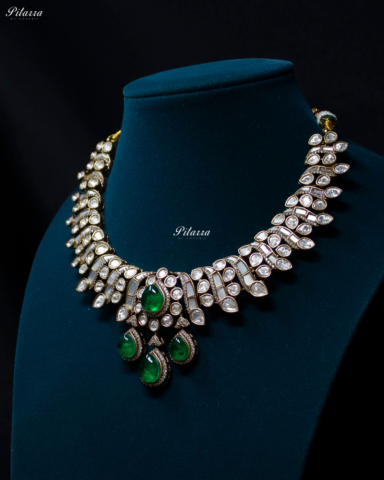 Emerald Drop White Line Victorian Polki Kundan Necklace Set