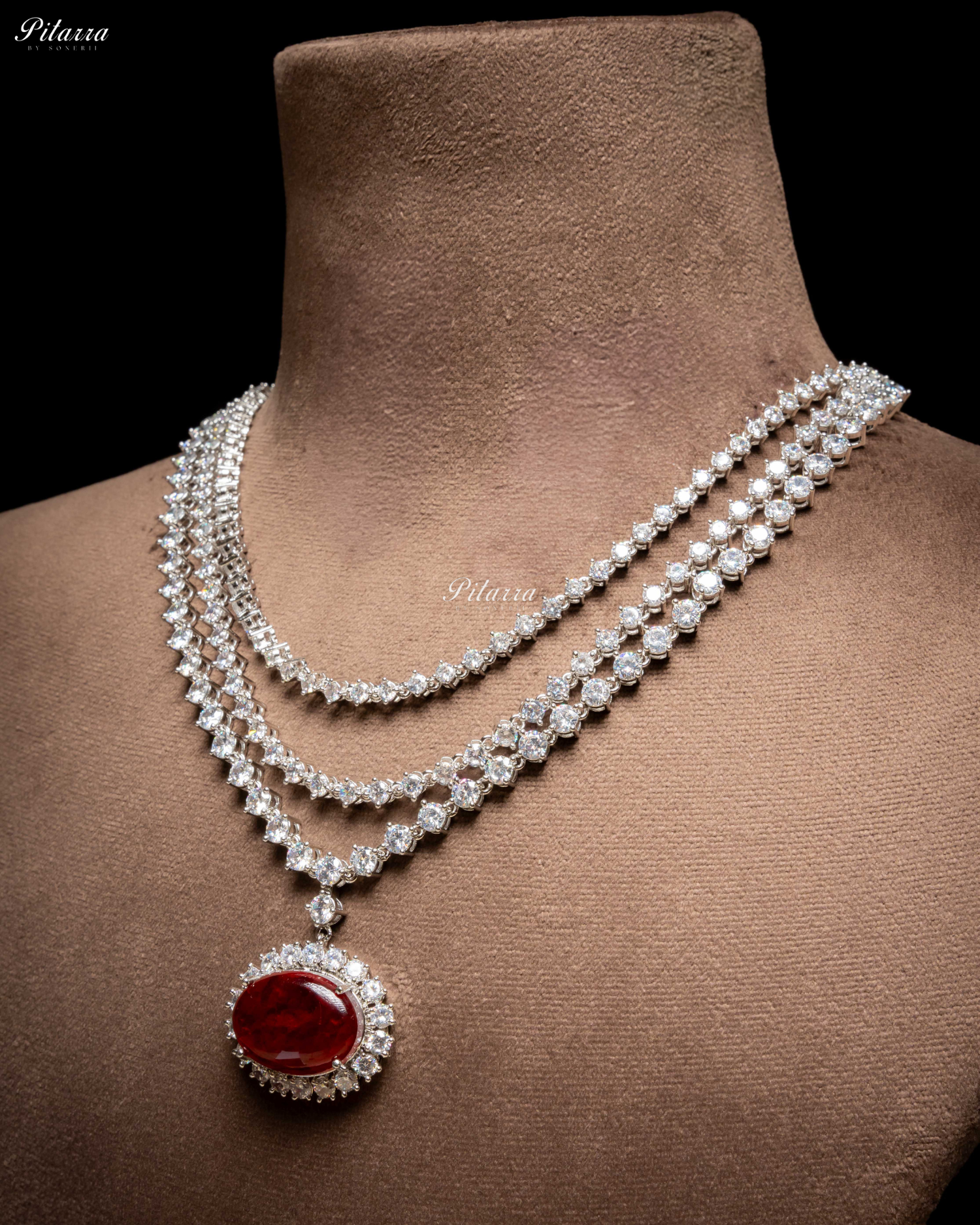 Ruby Red Stone Cubic Zirconia Silver Necklace Set