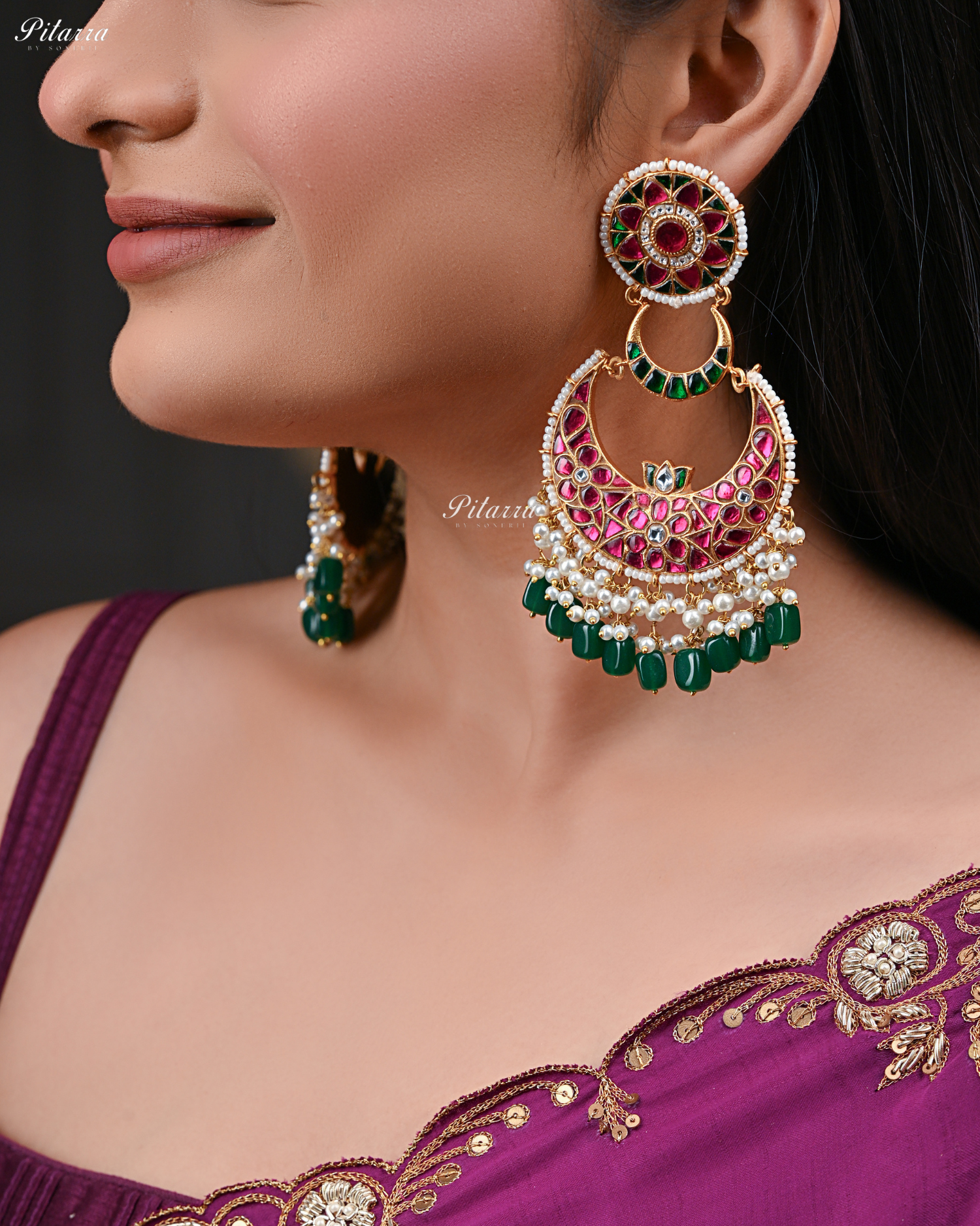 Gold Finish Pink Stone Kundan Chandbali Earrings