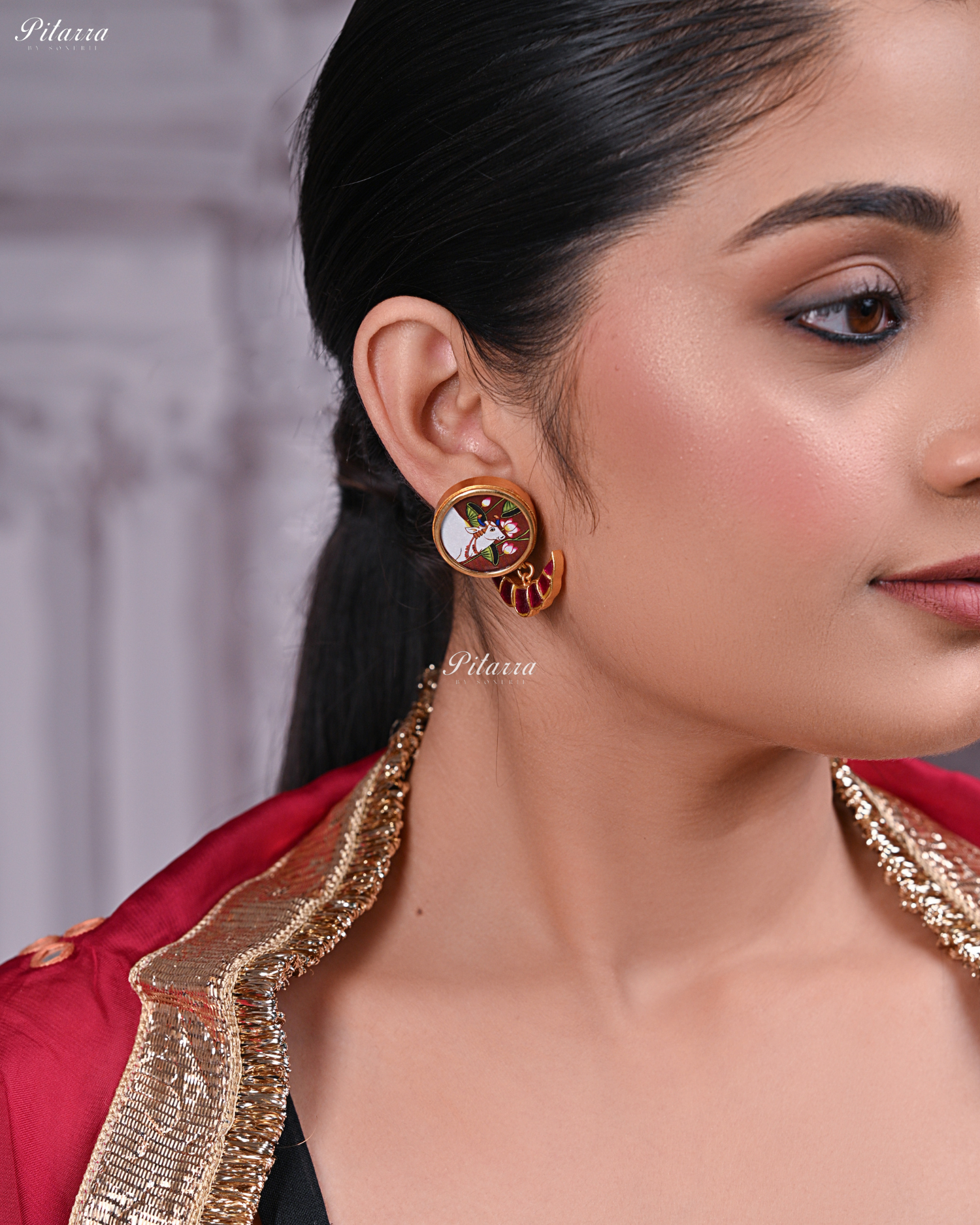 Handprinted Pink Color Meenakari Stud Earrings