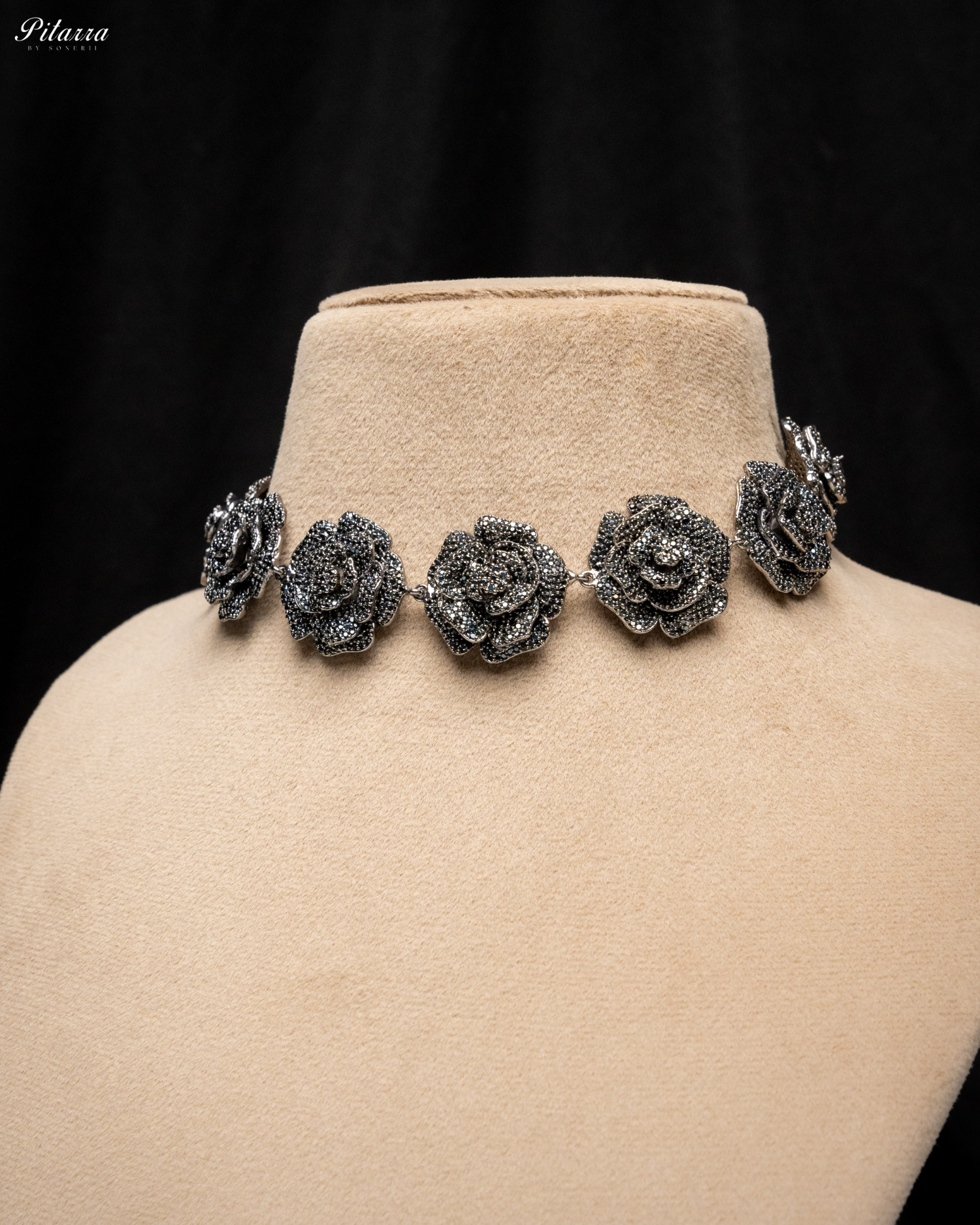 Black Tone Flower CZ Choker Set with Ring