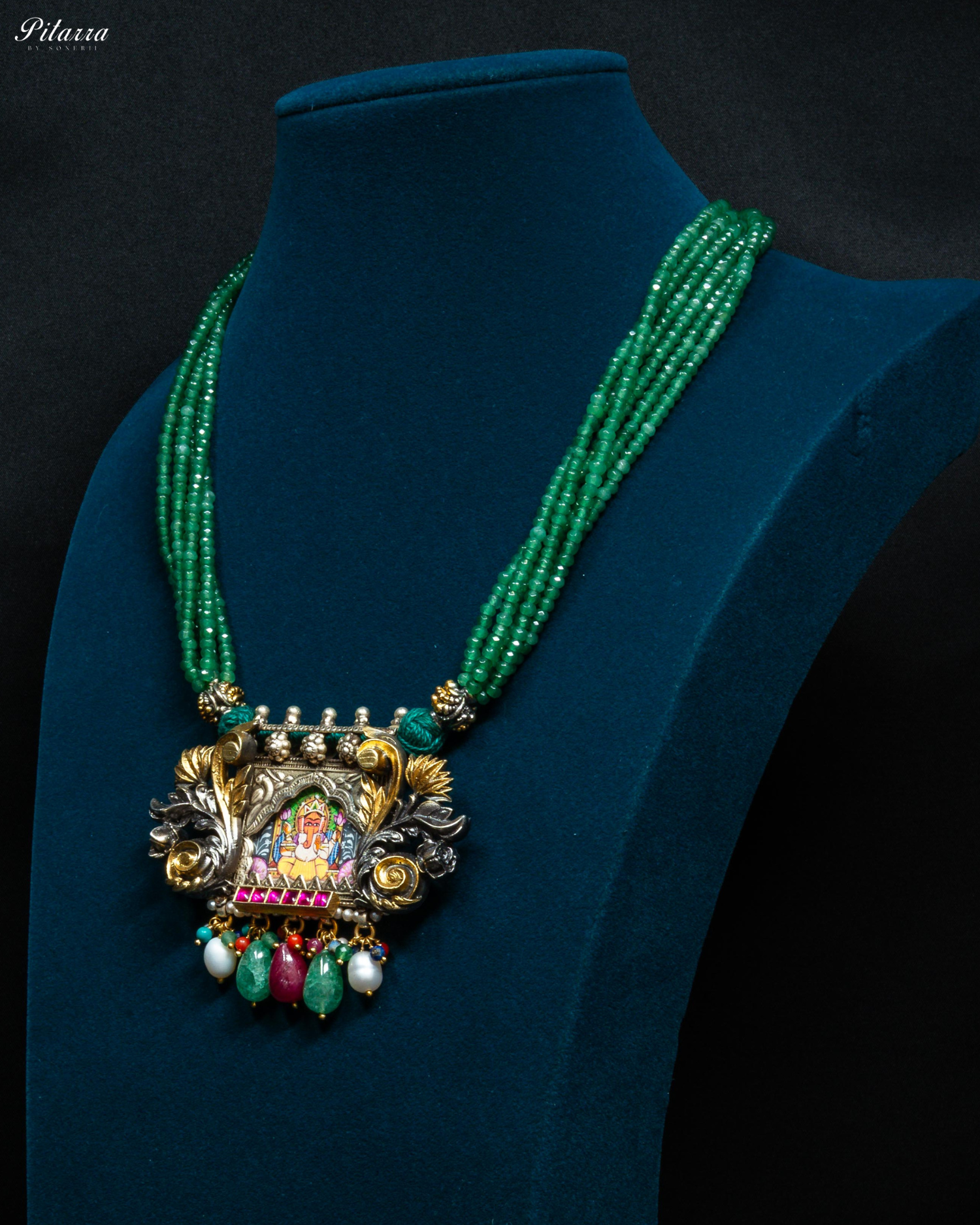 Long Green Beads 92.5 Silver Neckalace