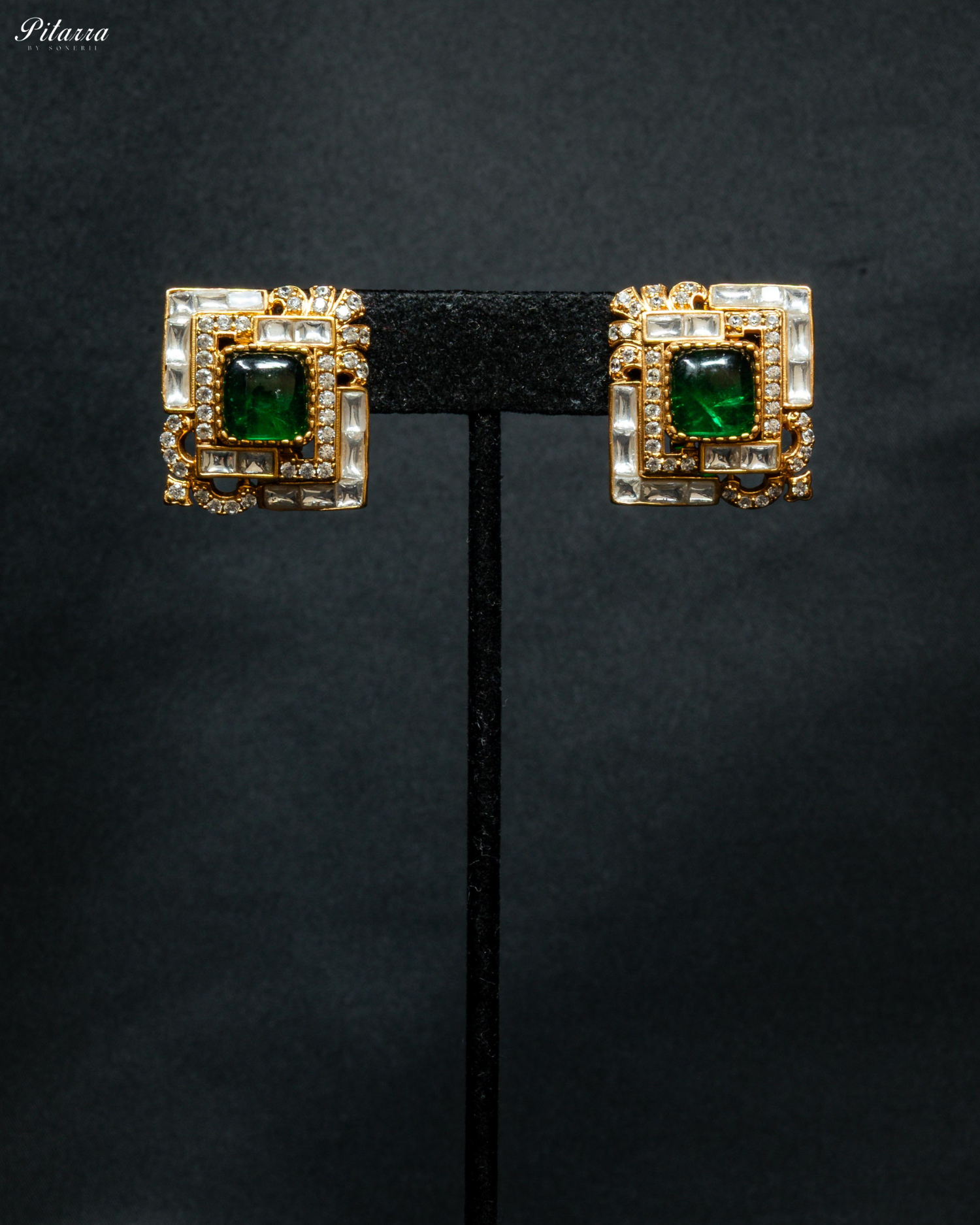 Emerald Stone Design Kundan Stud Earrings