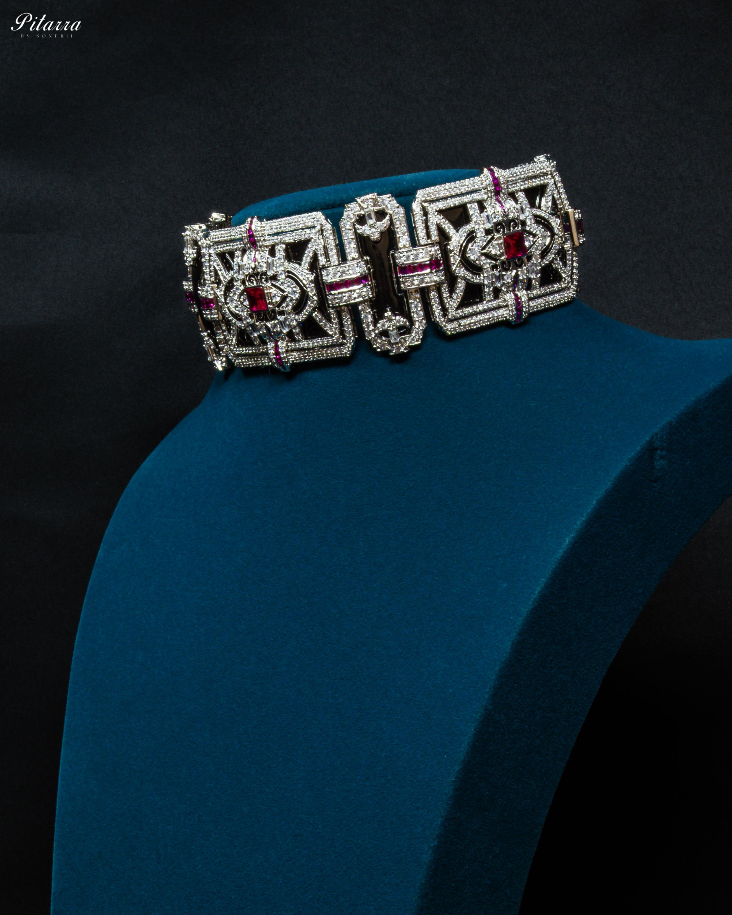 Pink Stone Square Design Silver Choker Necklace