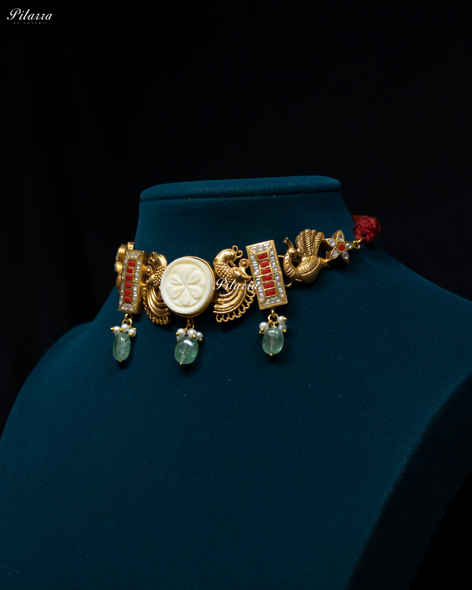 Golden Peacock Green Pearl Necklace Set