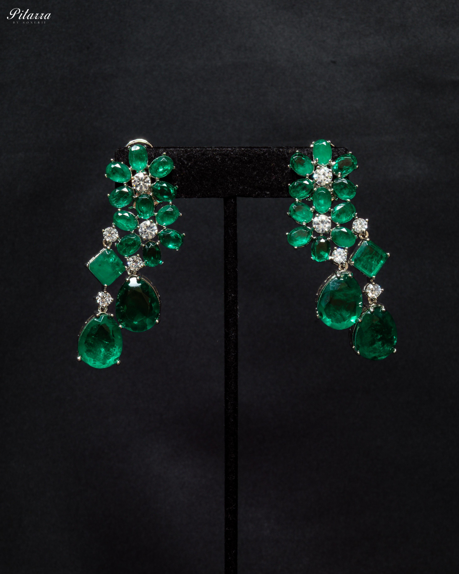 Silver Finish Emerald Crystal Dangler Earrings