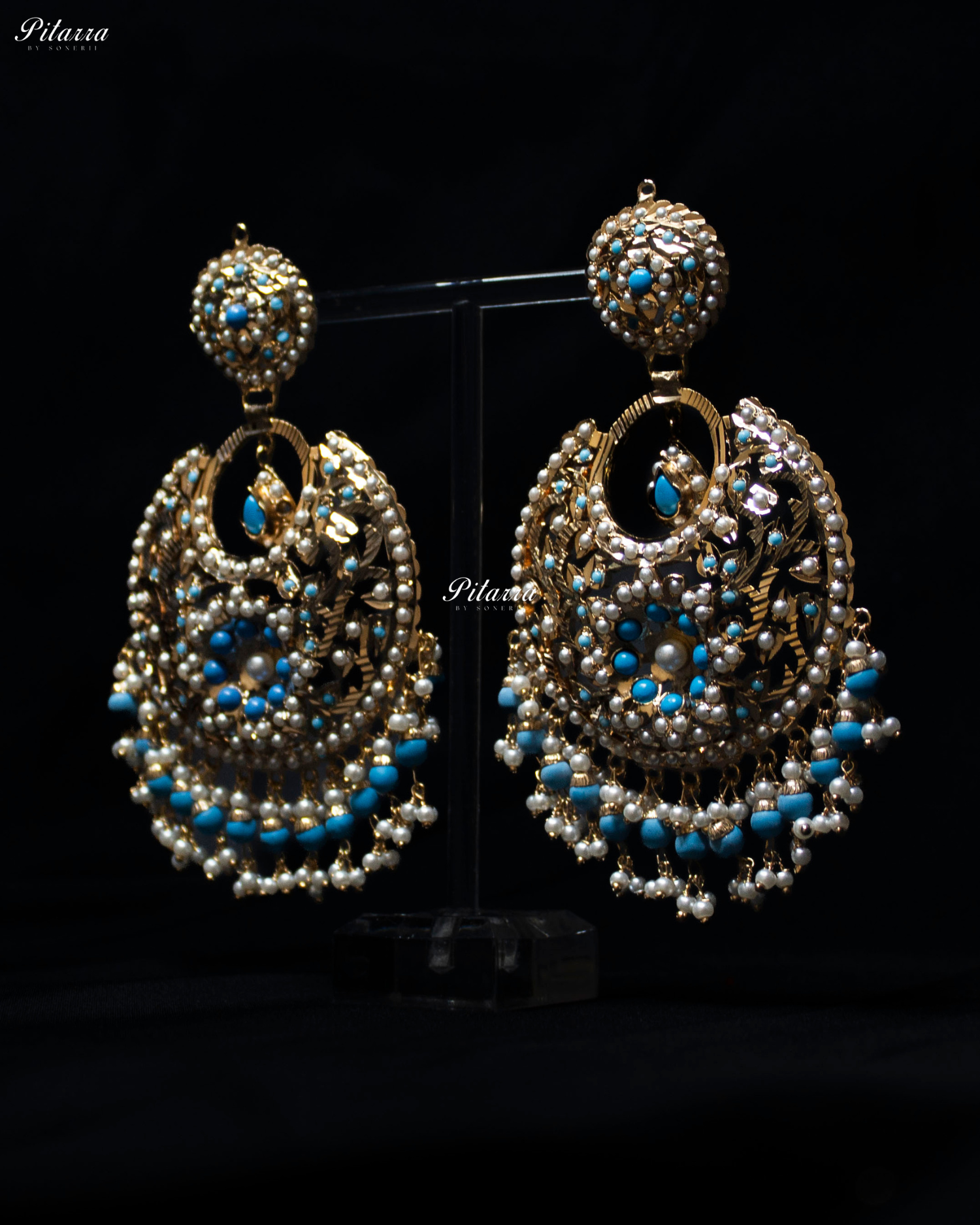 Turquoise Blue Stone Studded Punjabi Jadau Chandbali Earrings